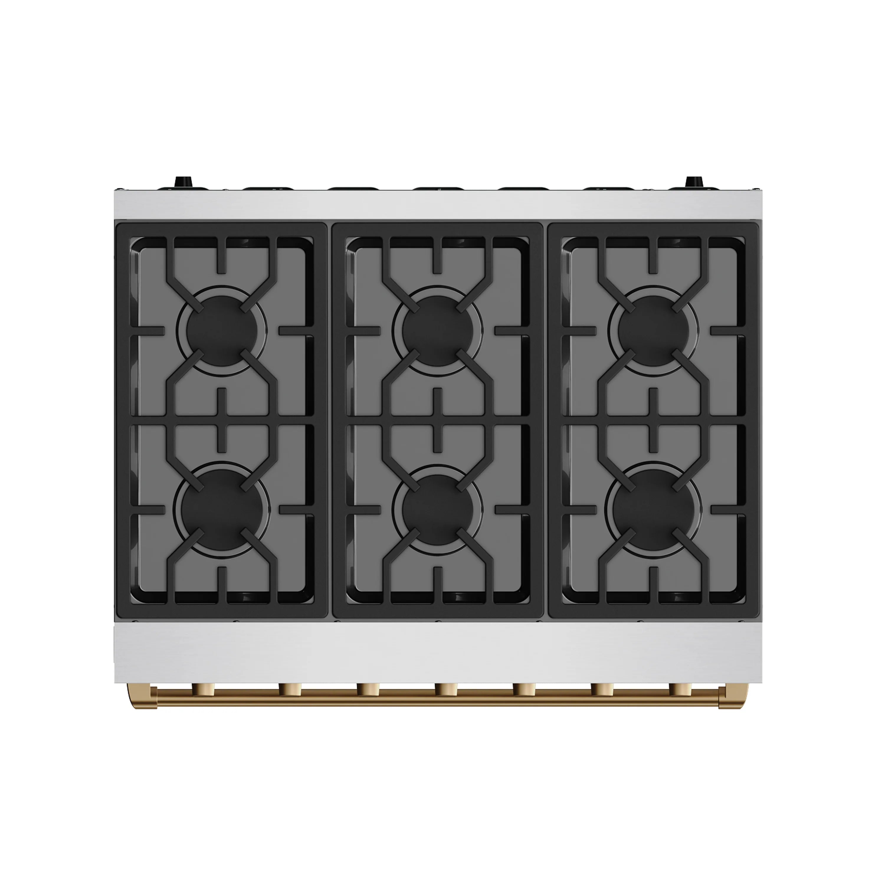 Stainless gas range burner grates with three sets of black cast-iron burner circles