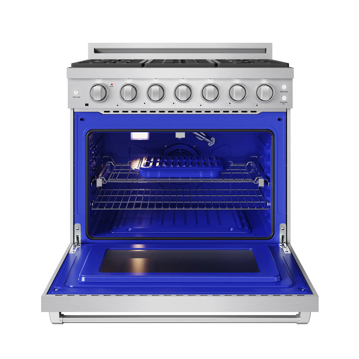 Stainless steel propane range oven with blue interior and wire rack