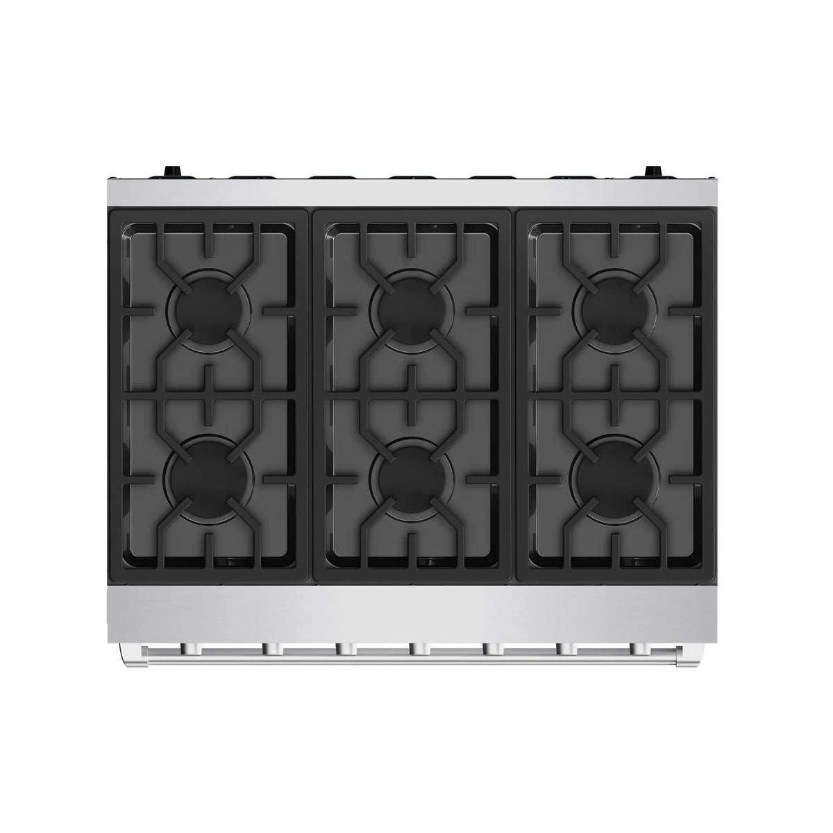 Stainless steel gas cooktop with black burner grates viewed from above