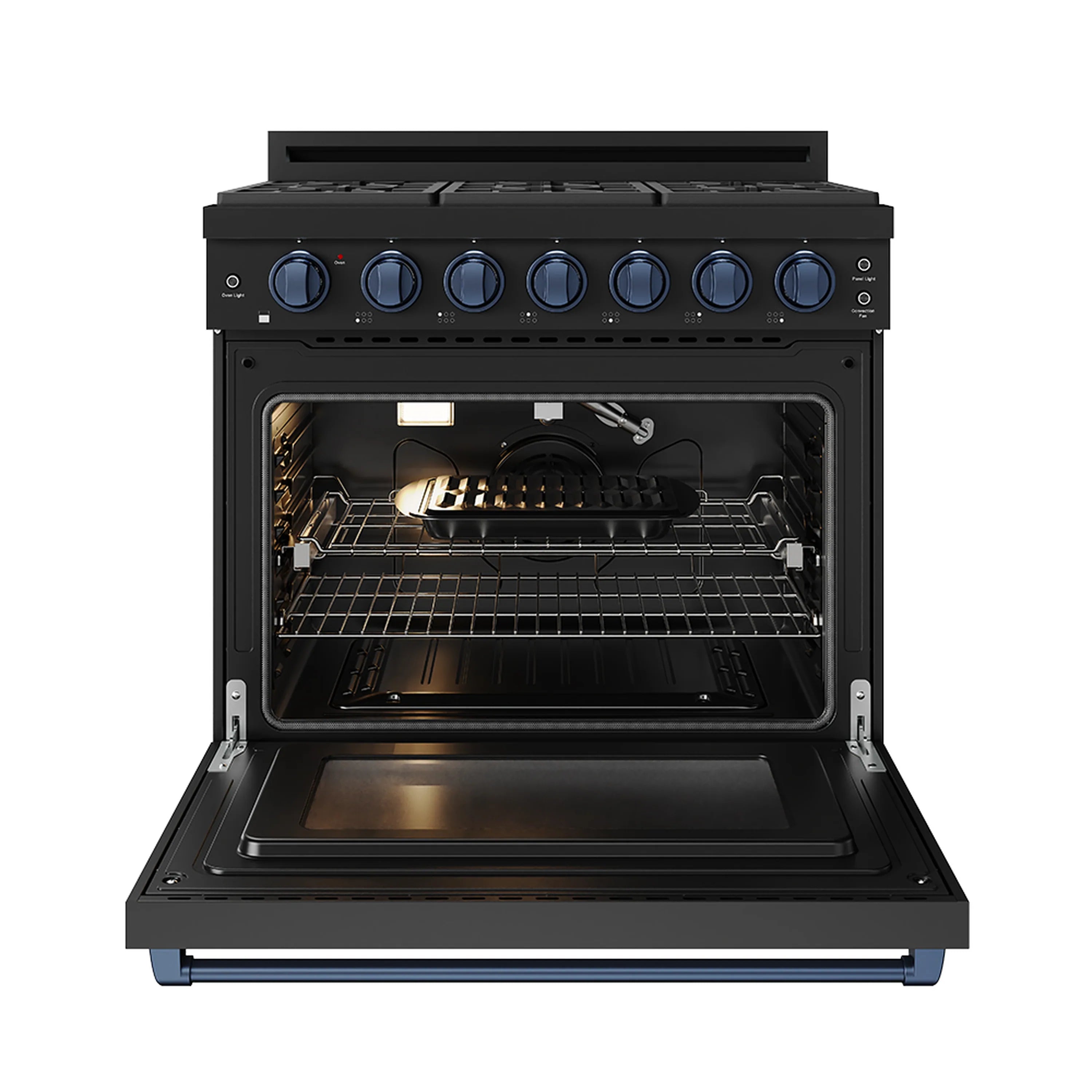 Black 36-inch natural gas range with blue trim, open oven cavity and grates