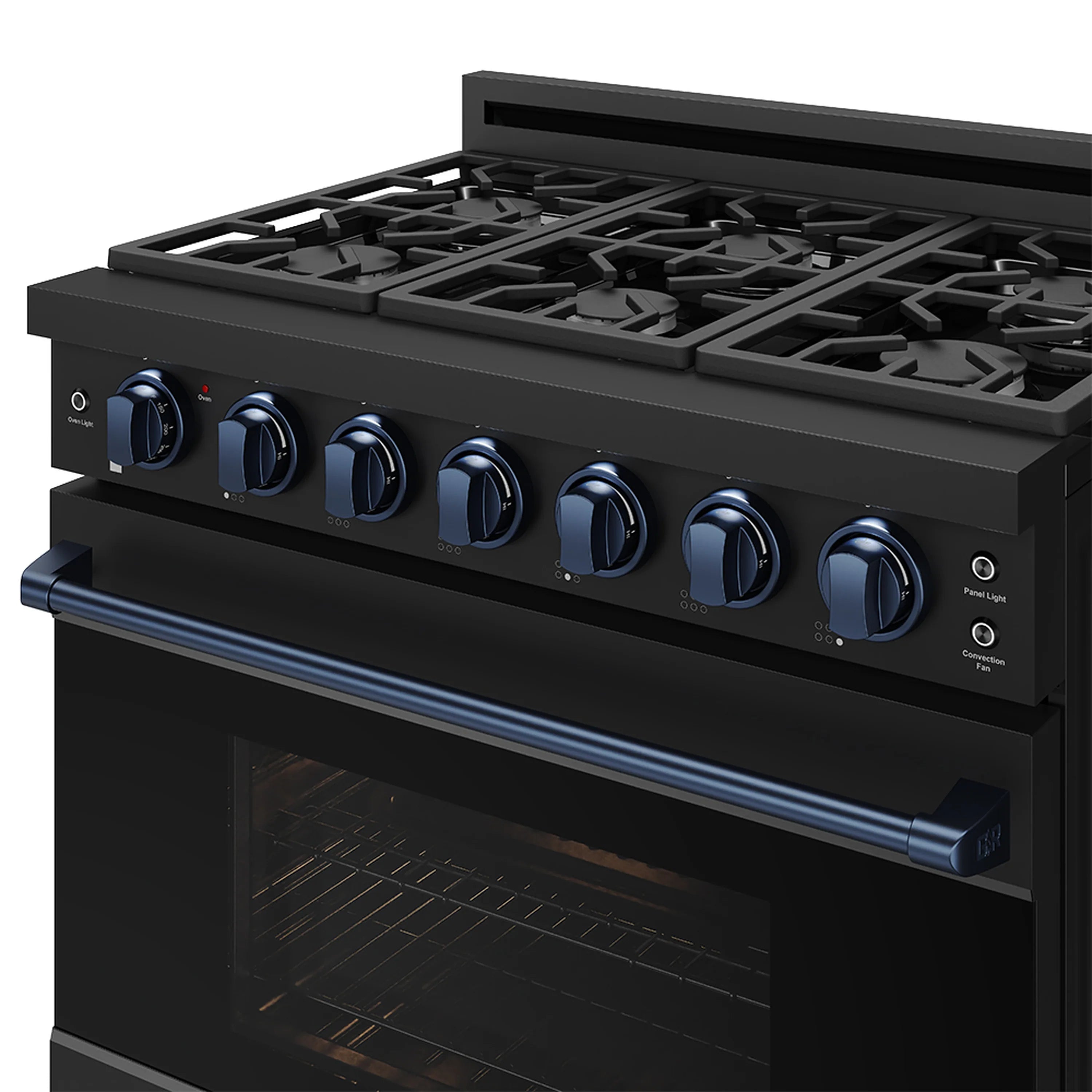 Black gas range cooktop with blue control knobs and burner grates