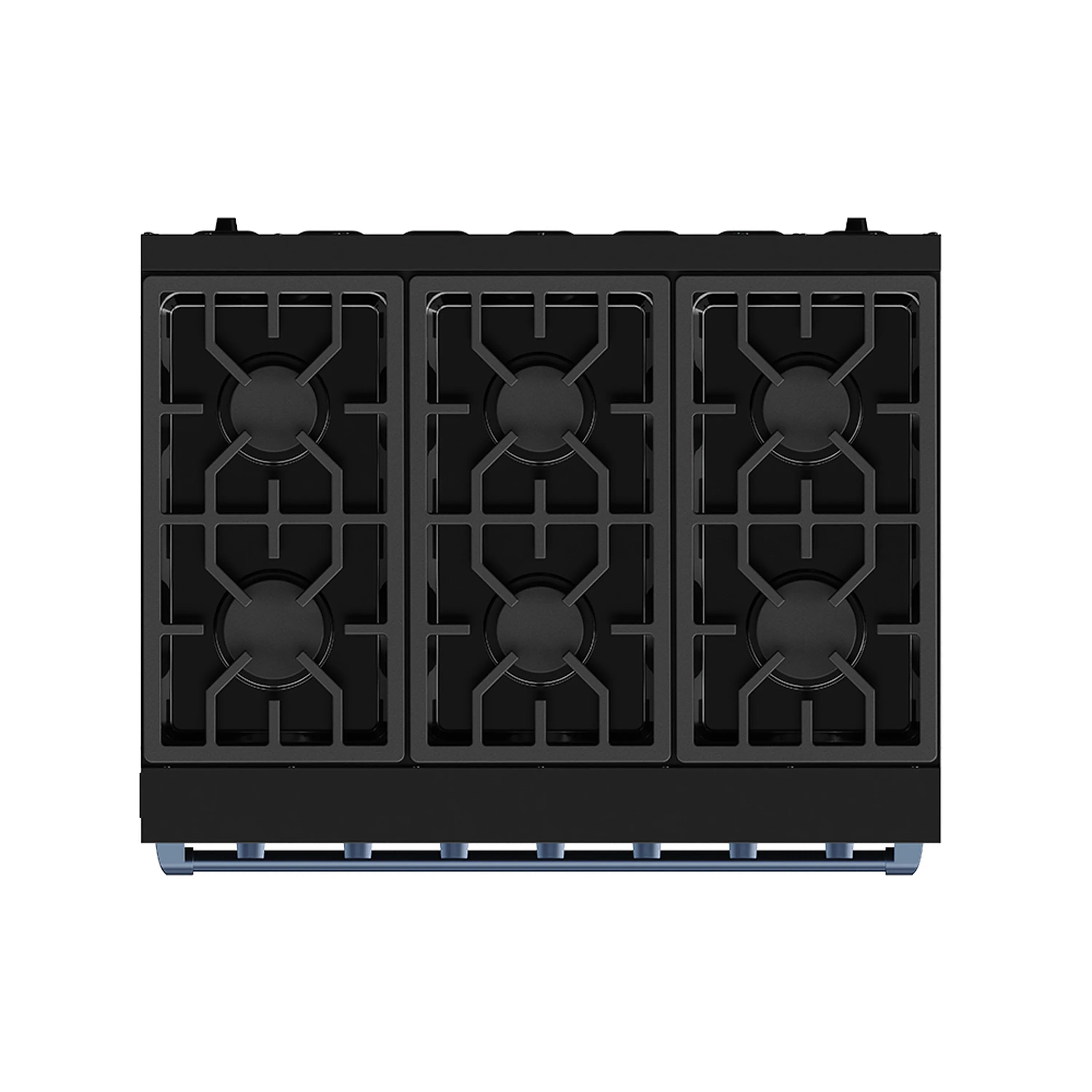 Top view of black 6-burner grates on a propane gas range with blue trim base