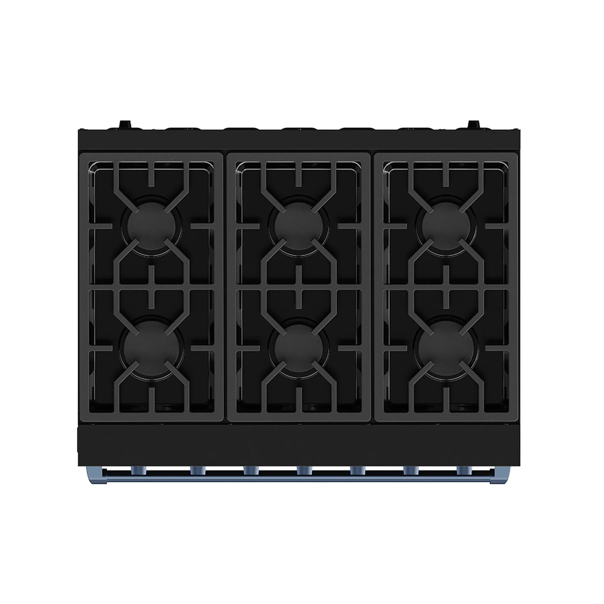 Black gas range cooktop with six burner grates and blue-trim control area