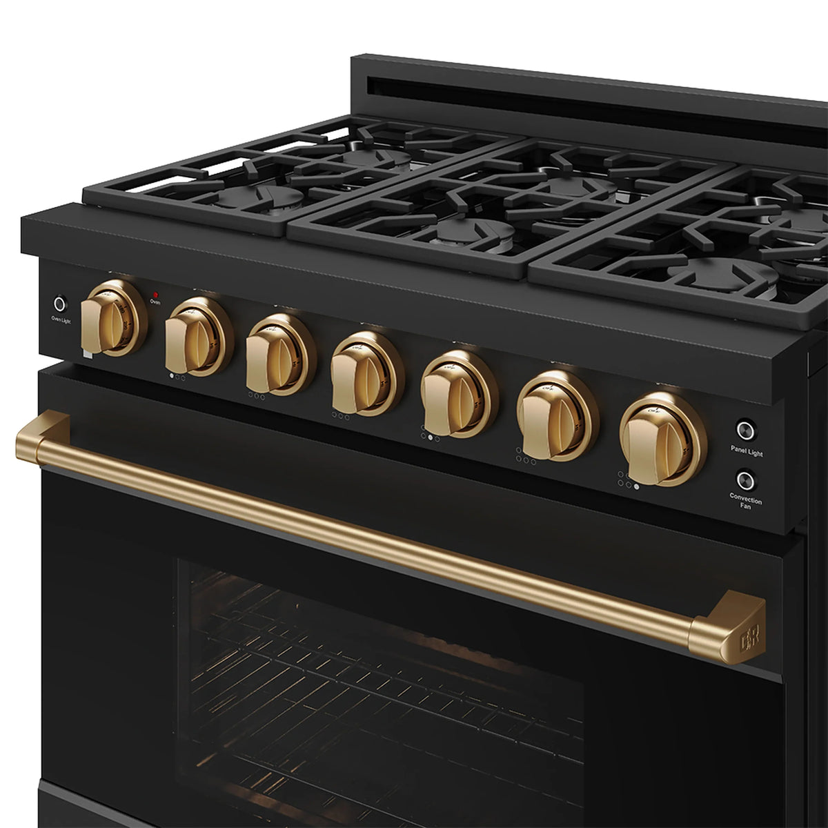 Black gas range cooktop with bronze control knobs and long bronze warming rail