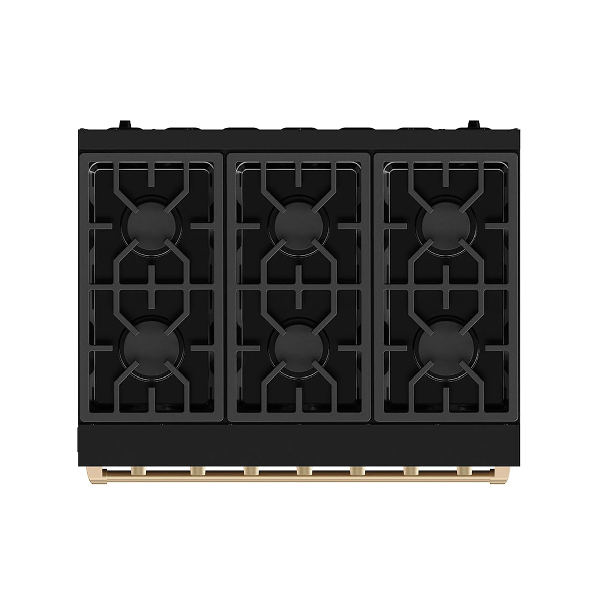 Black gas range cooktop with six burner grates and bronze trim front edge