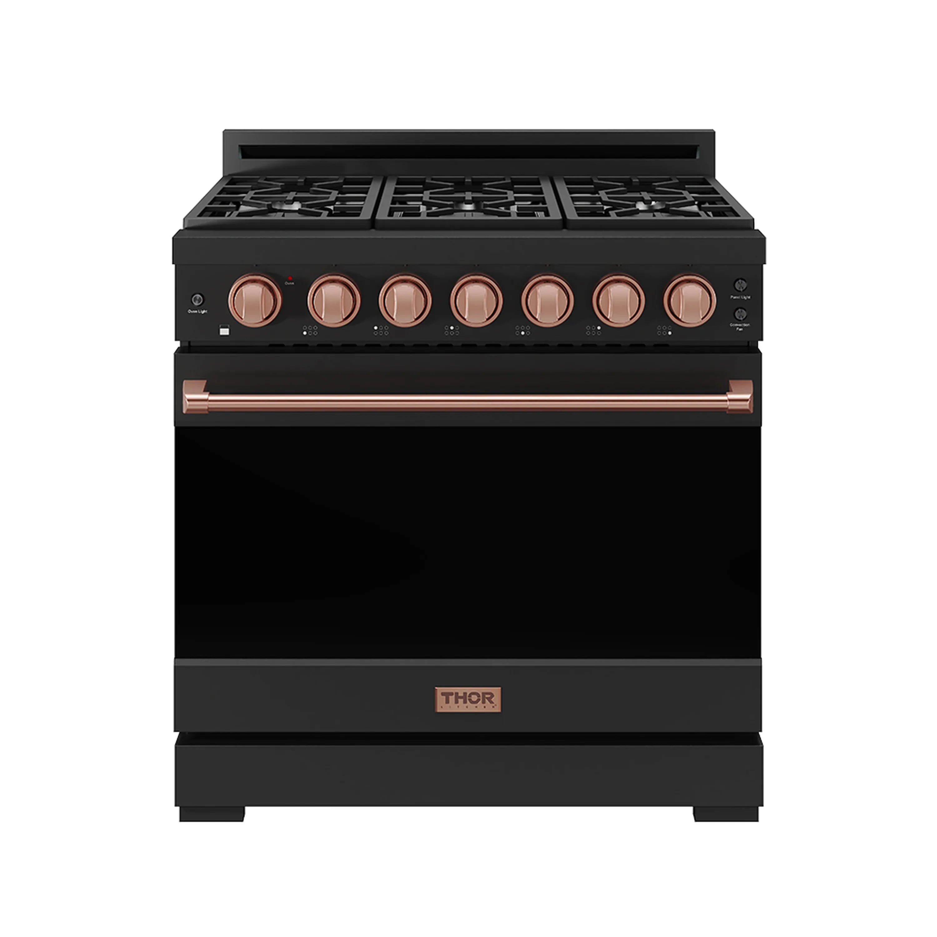 Black propane gas range with rose gold control knobs and copper-colored oven handle.