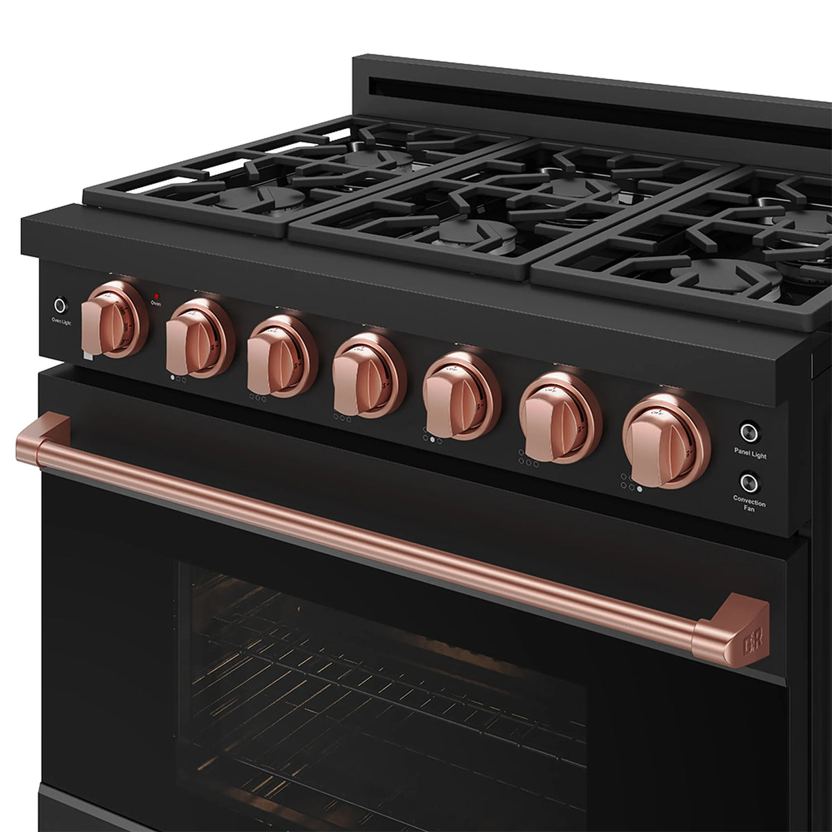 Black gas range control panel with rose gold knobs and copper-colored oven handle strip.