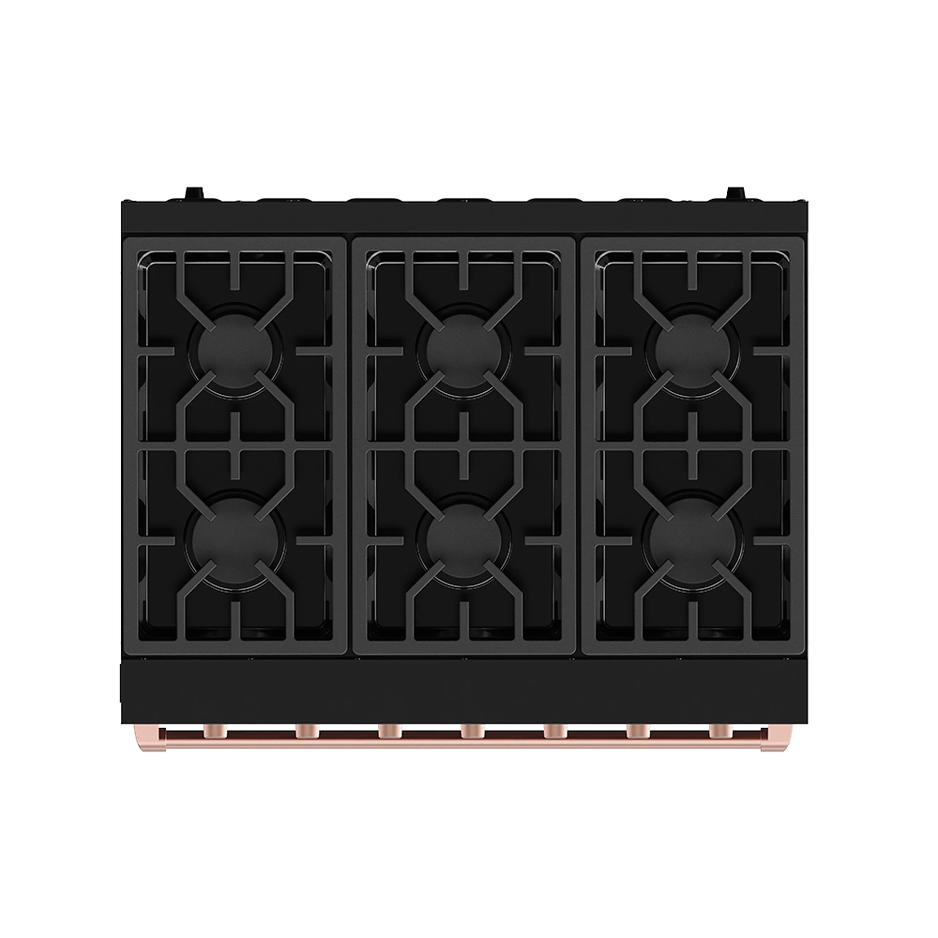 Black gas range cooktop burners close-up with rose-gold trim along the front
