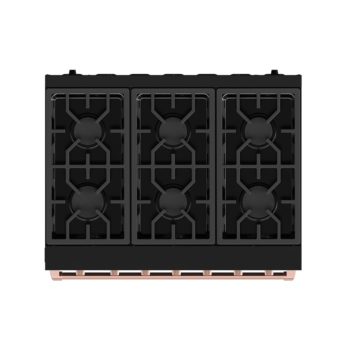 Black gas range cooktop with six sealed burners and rose gold control bar
