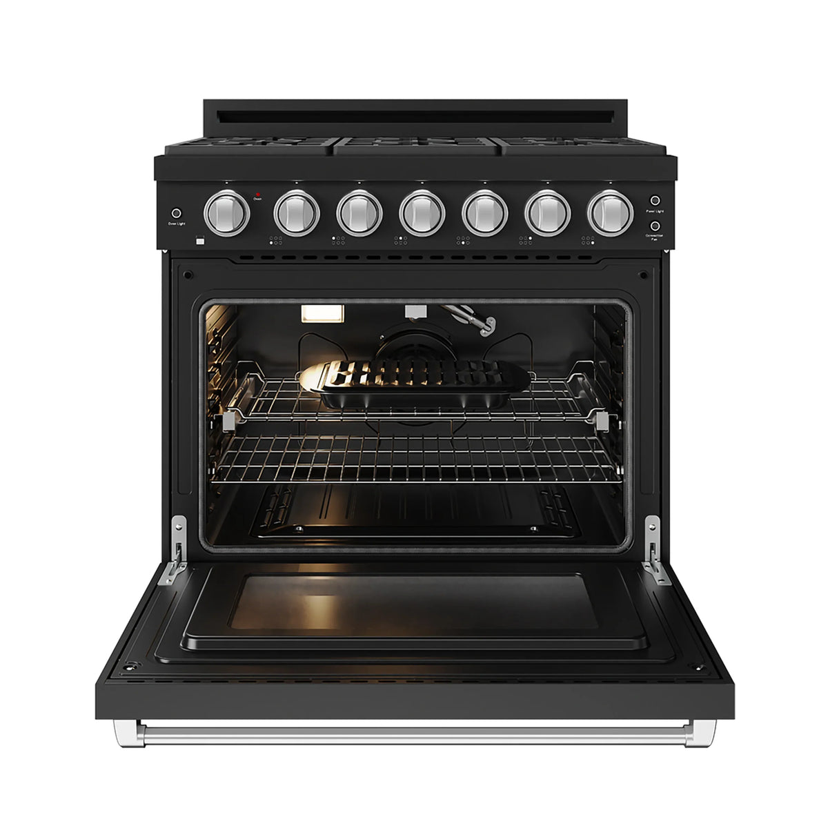 Black propane gas range with open oven door, rack, and illuminated interior
