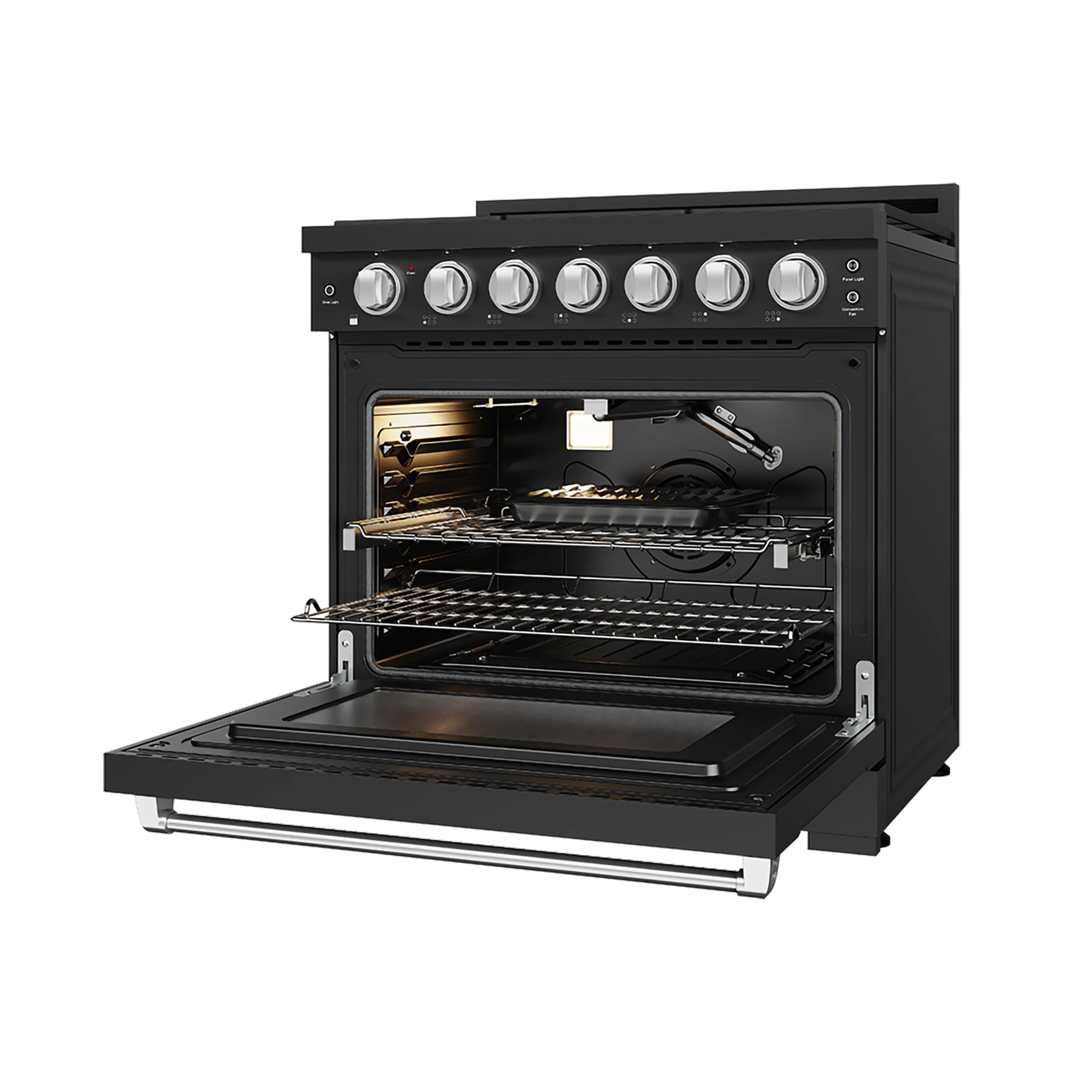Black gas range with open oven door showing bake tray and flame burner, stainless handle.