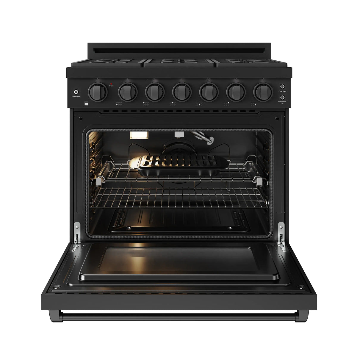 Black natural gas range with open oven door and oven racks