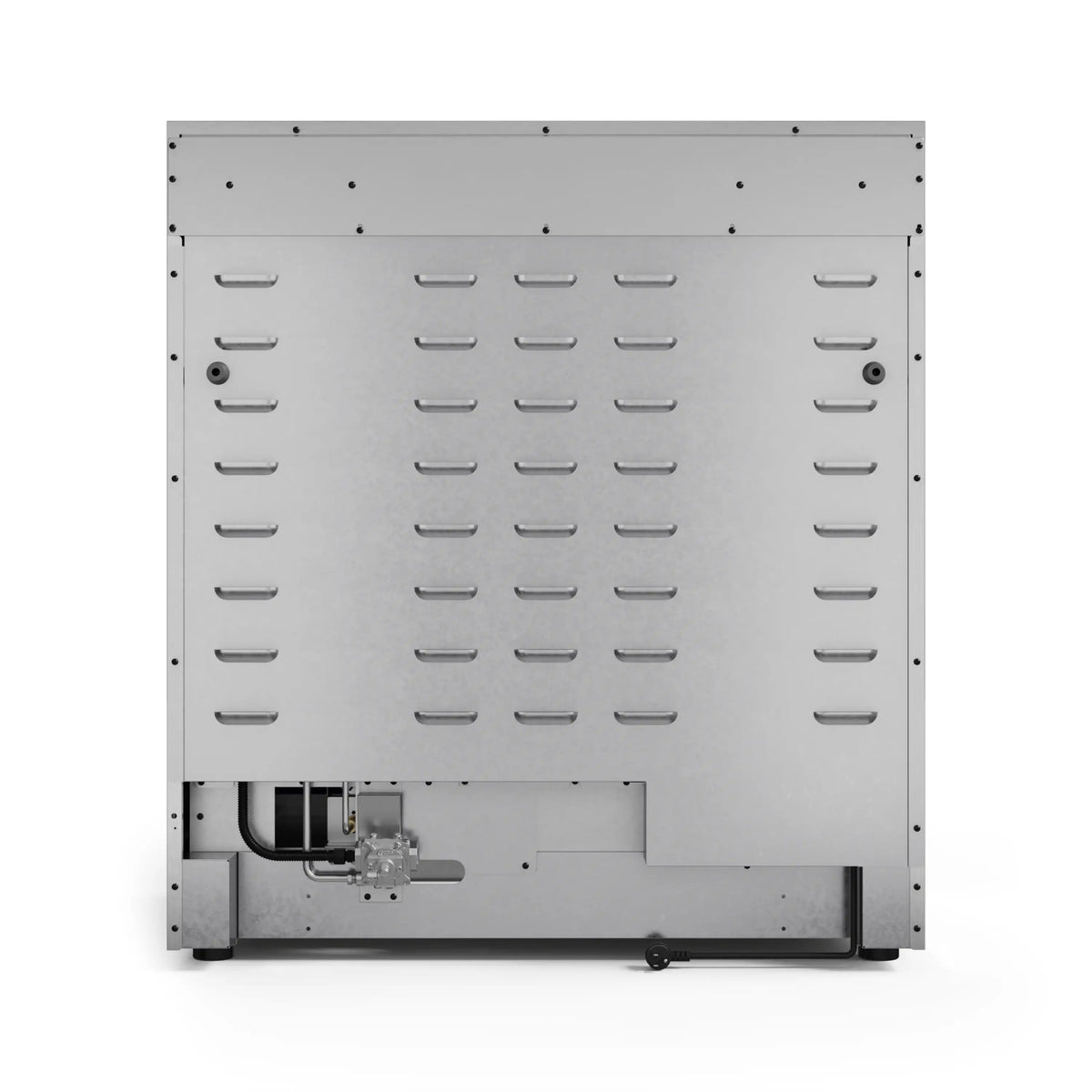 Gas range rear service panel with vented metal cover