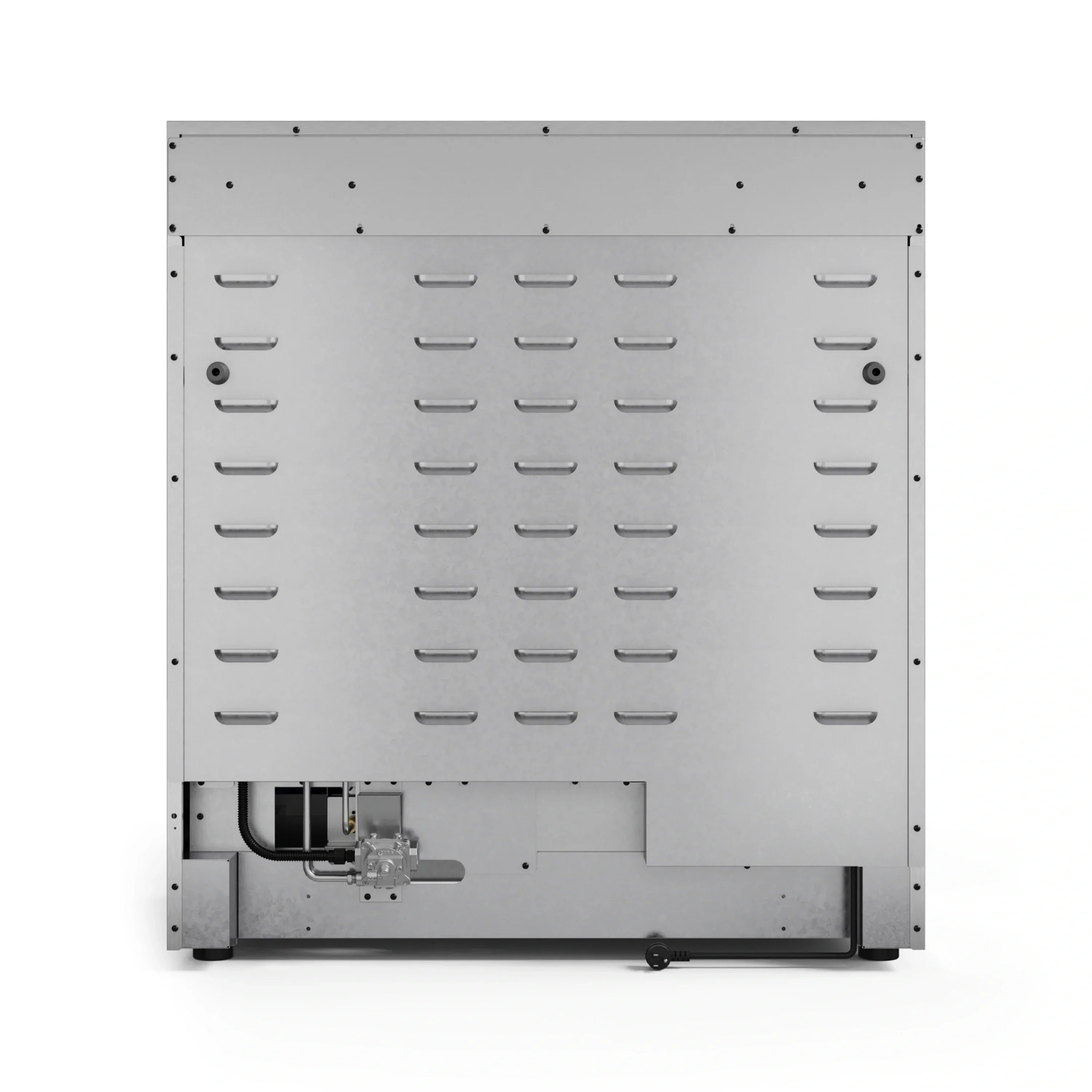 Stainless steel range underside panel with vents, slots, and mounting points