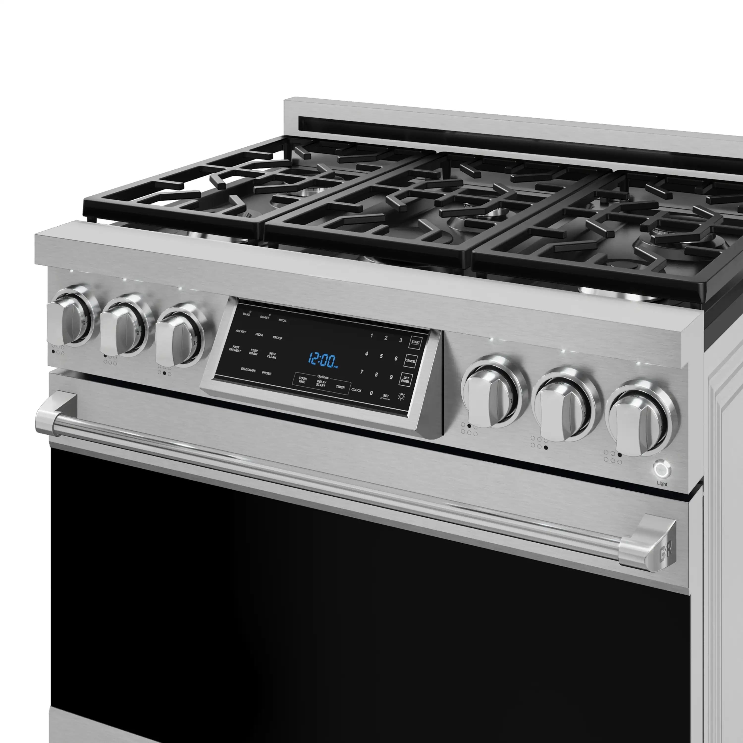 Stainless steel 36-inch gas range with black grates and control panel