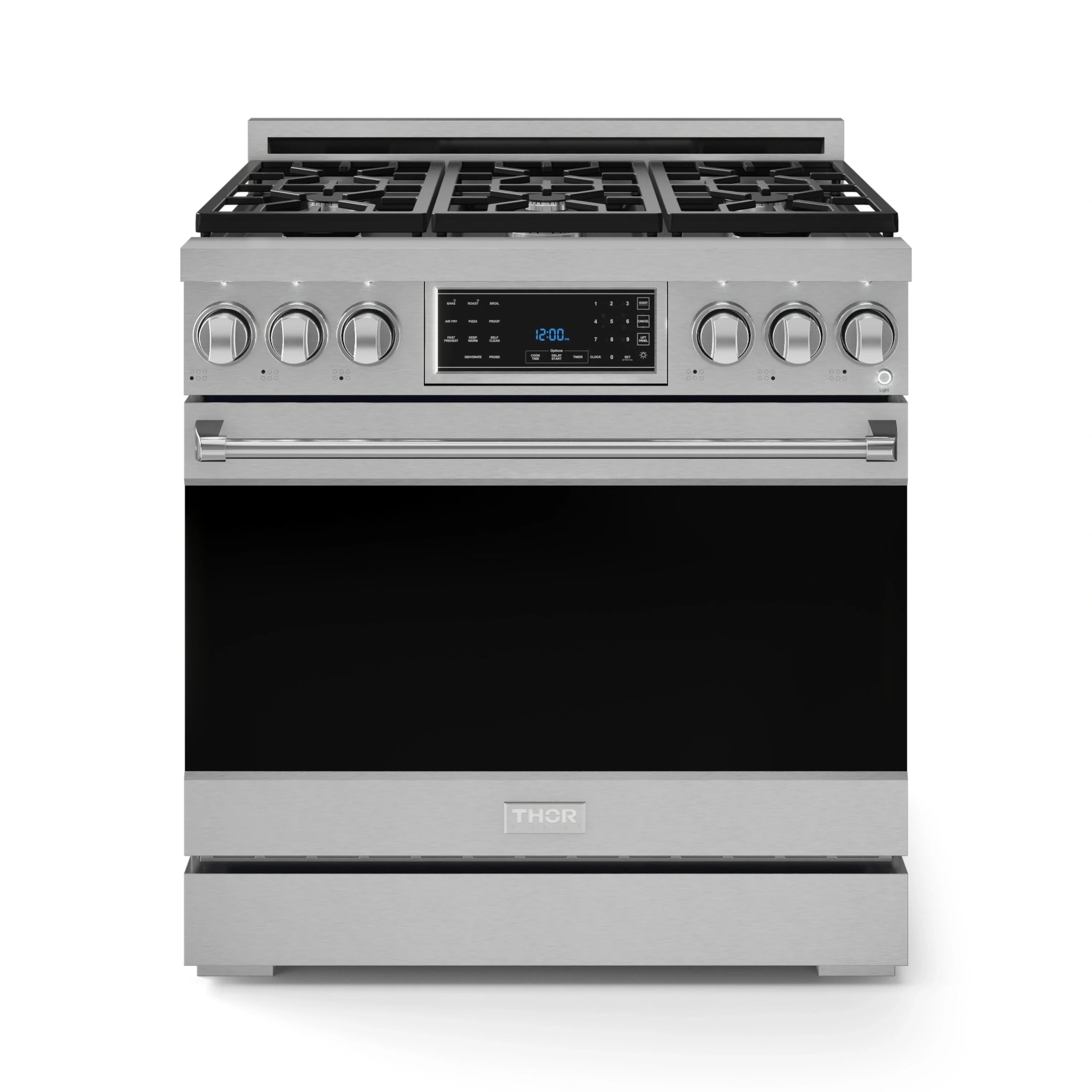 Stainless steel gas range with black oven door and front control knobs