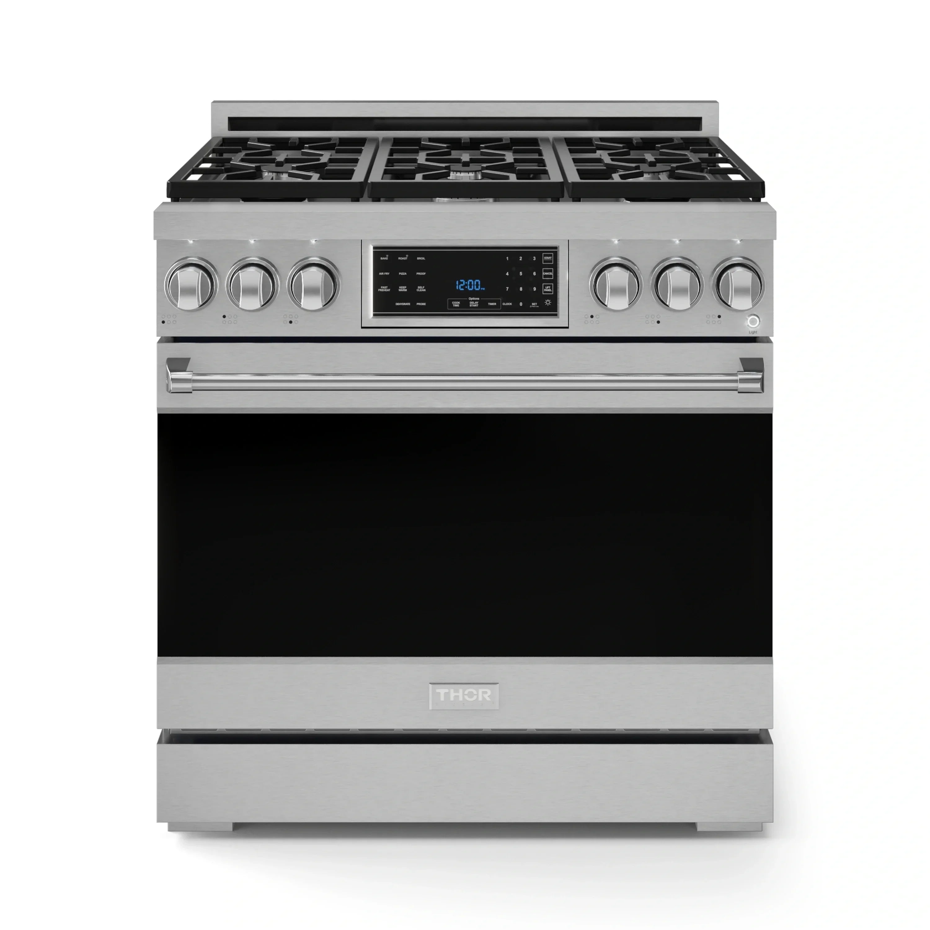 Stainless steel 36-inch propane gas range with black glass oven door
