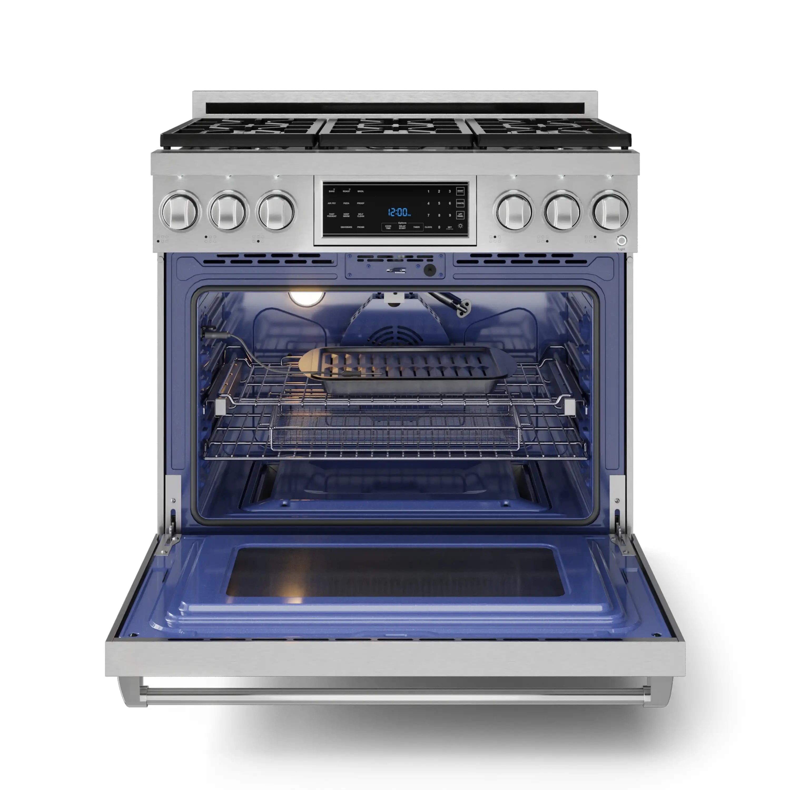 Stainless steel gas range with open oven door showing blue interior