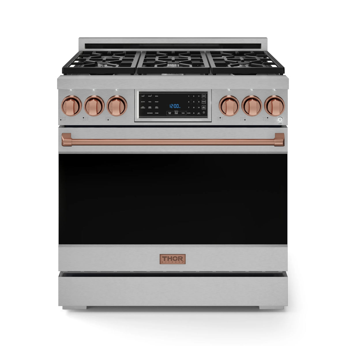 Stainless gas range with rose-gold knobs and oven handle, front view with cooktop