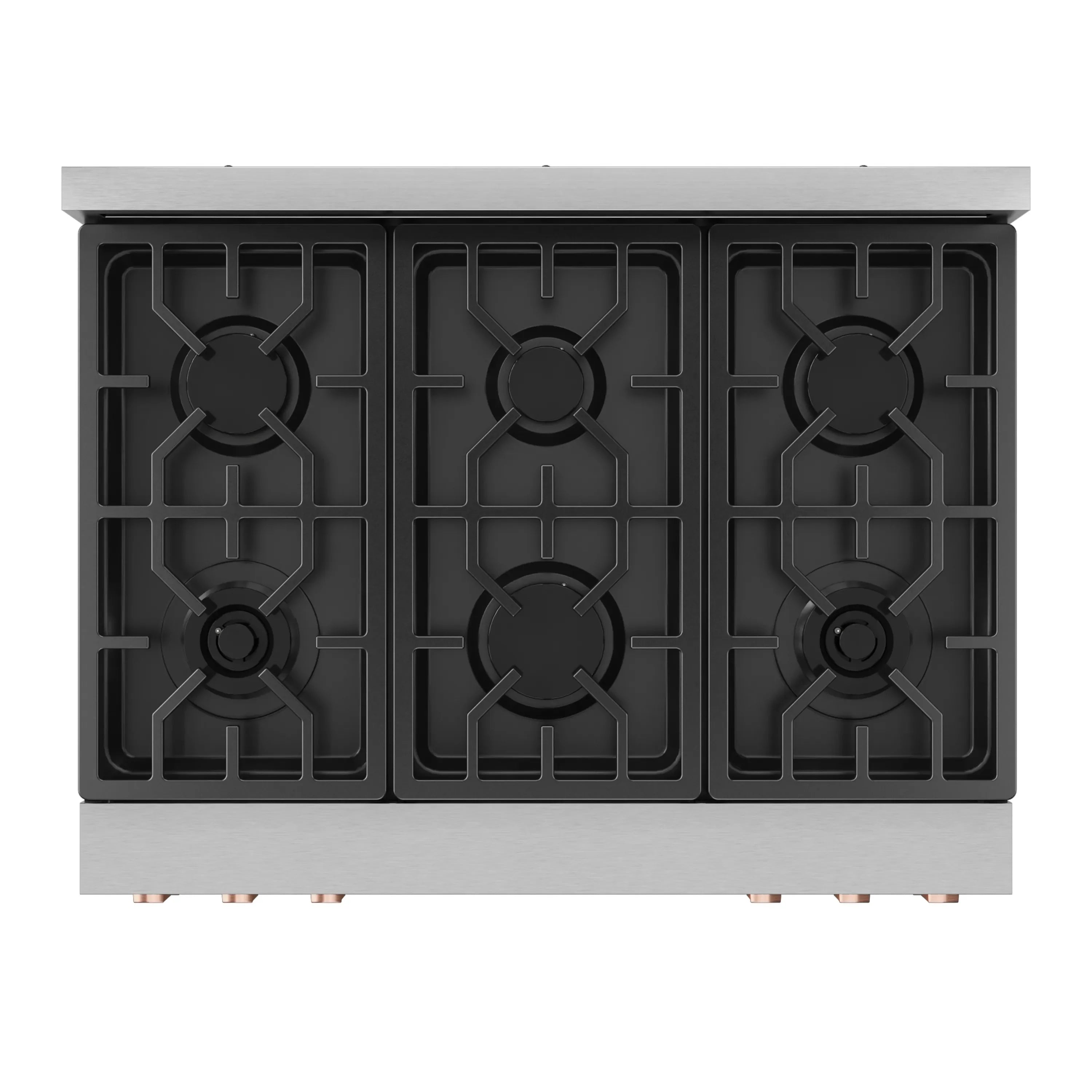 Close-up of triple burner grates on a stainless steel gas range