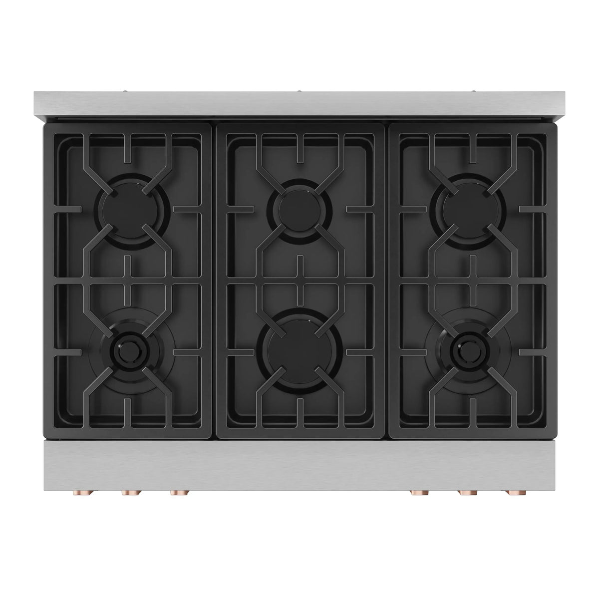 Gas cooktop burner grates on a stainless steel range with rose gold base knobs
