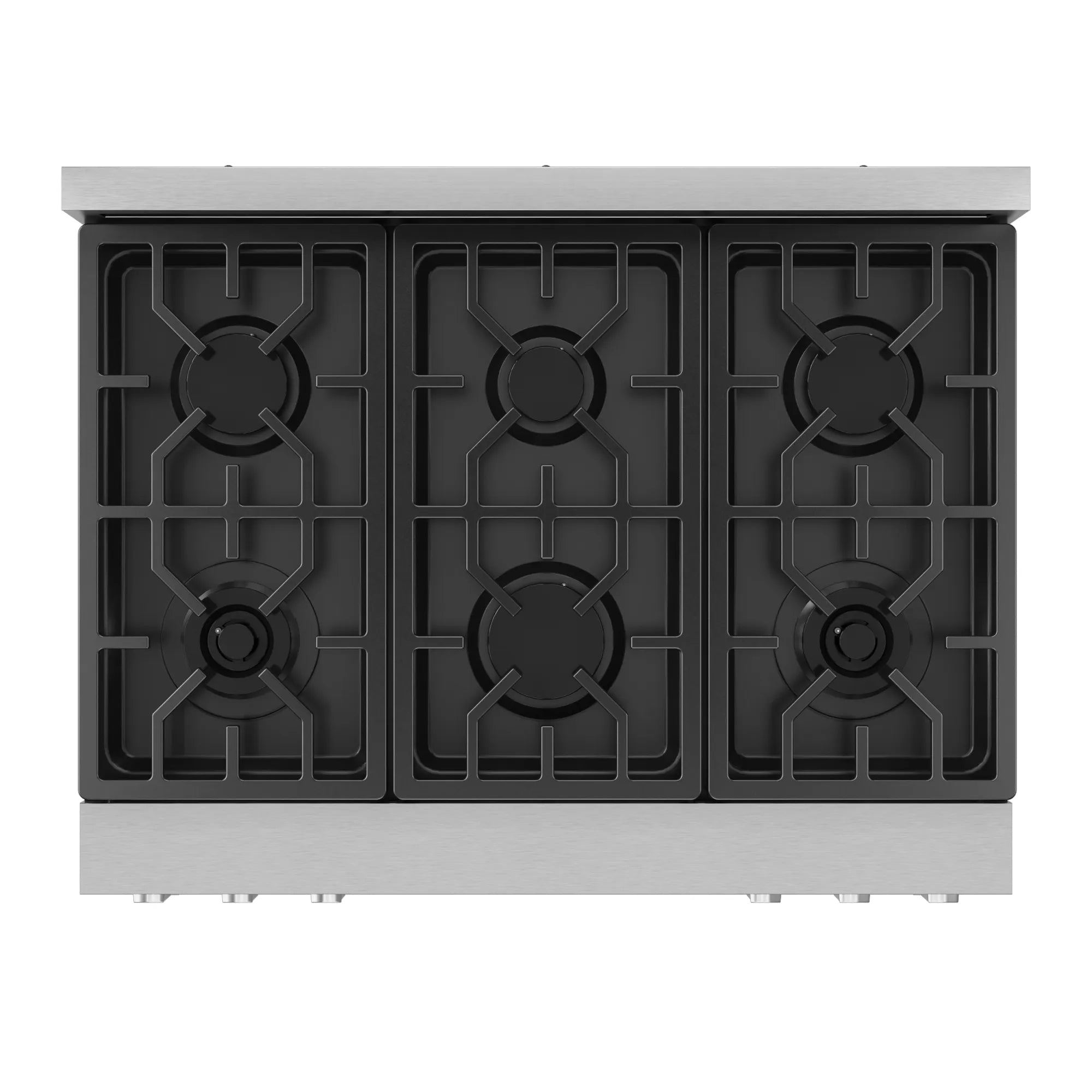 Stainless steel 36-inch gas range with six black burner grates and continuous vent panel