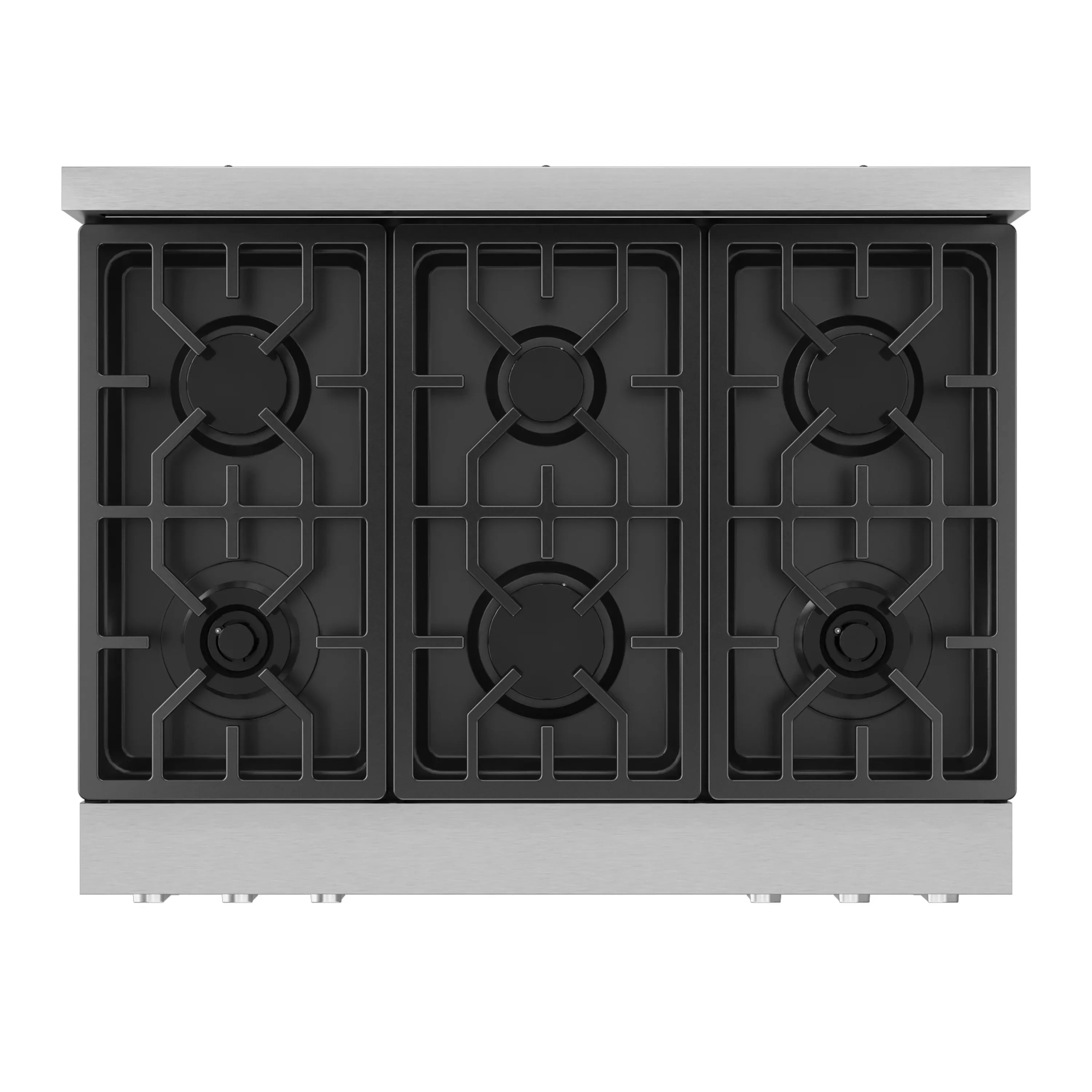 Propane gas range cooktop with six burner grates in stainless finish