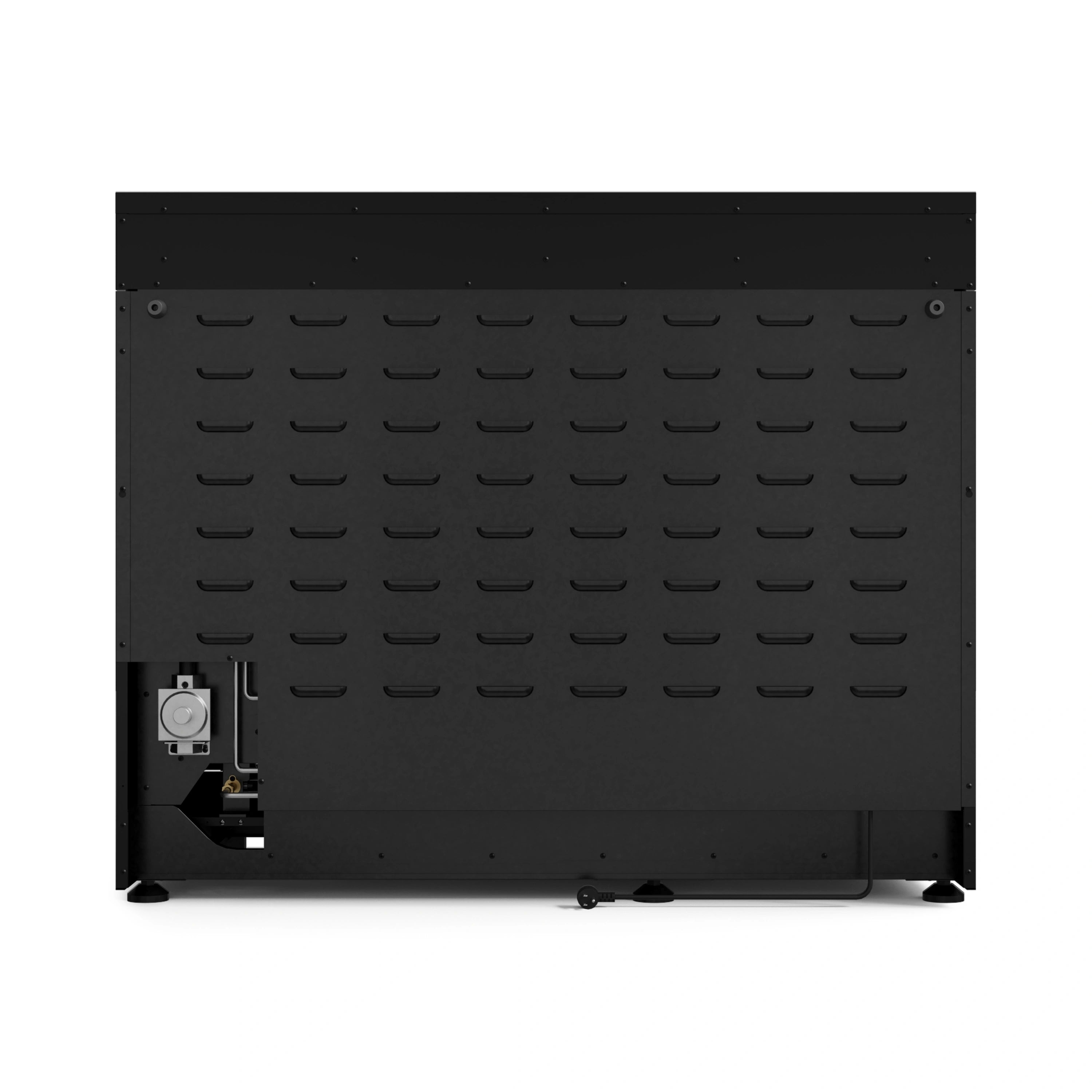 Black rear panel of gas range with vented grid and side access cover