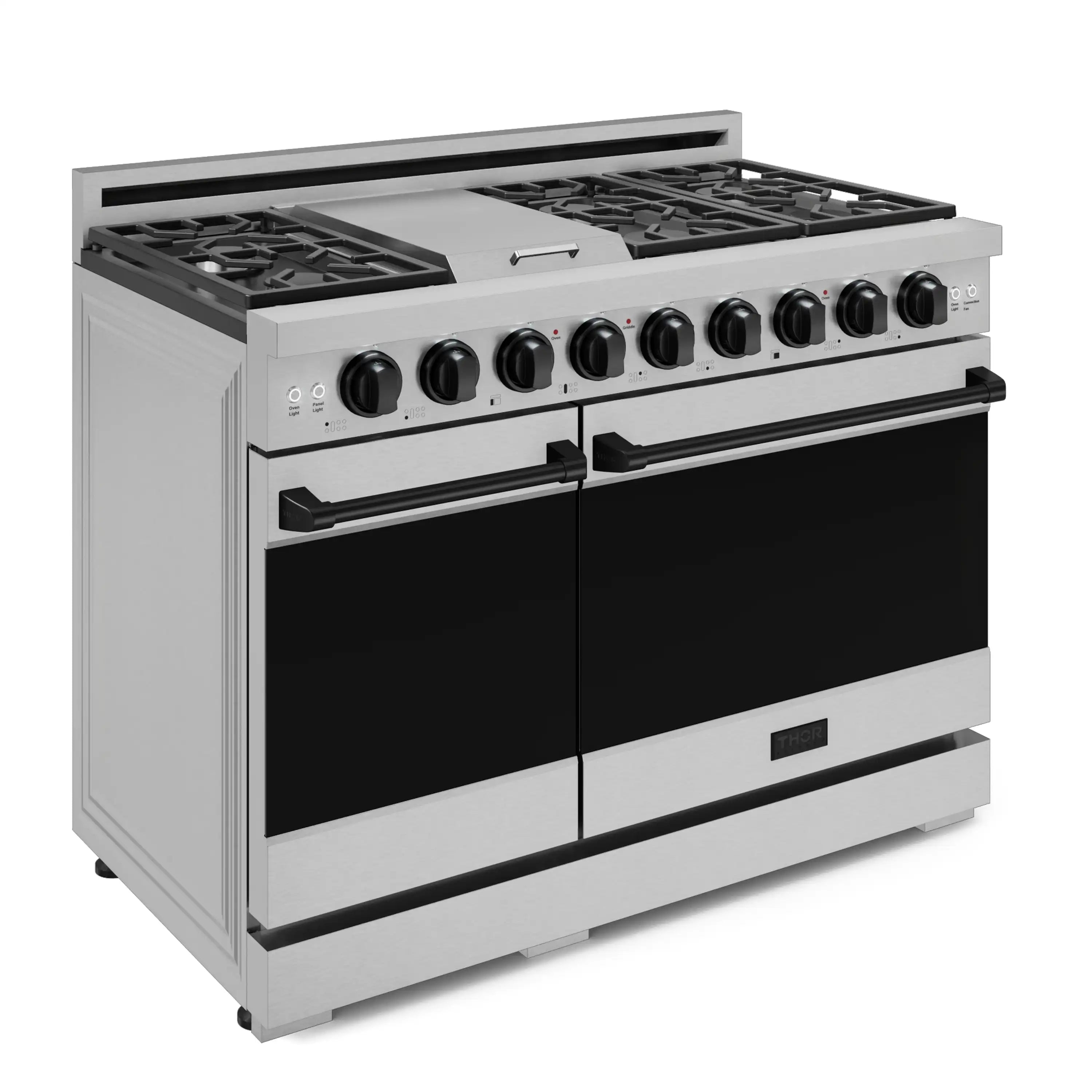 Stainless steel double-oven gas range with black oven doors and countertop controls.
