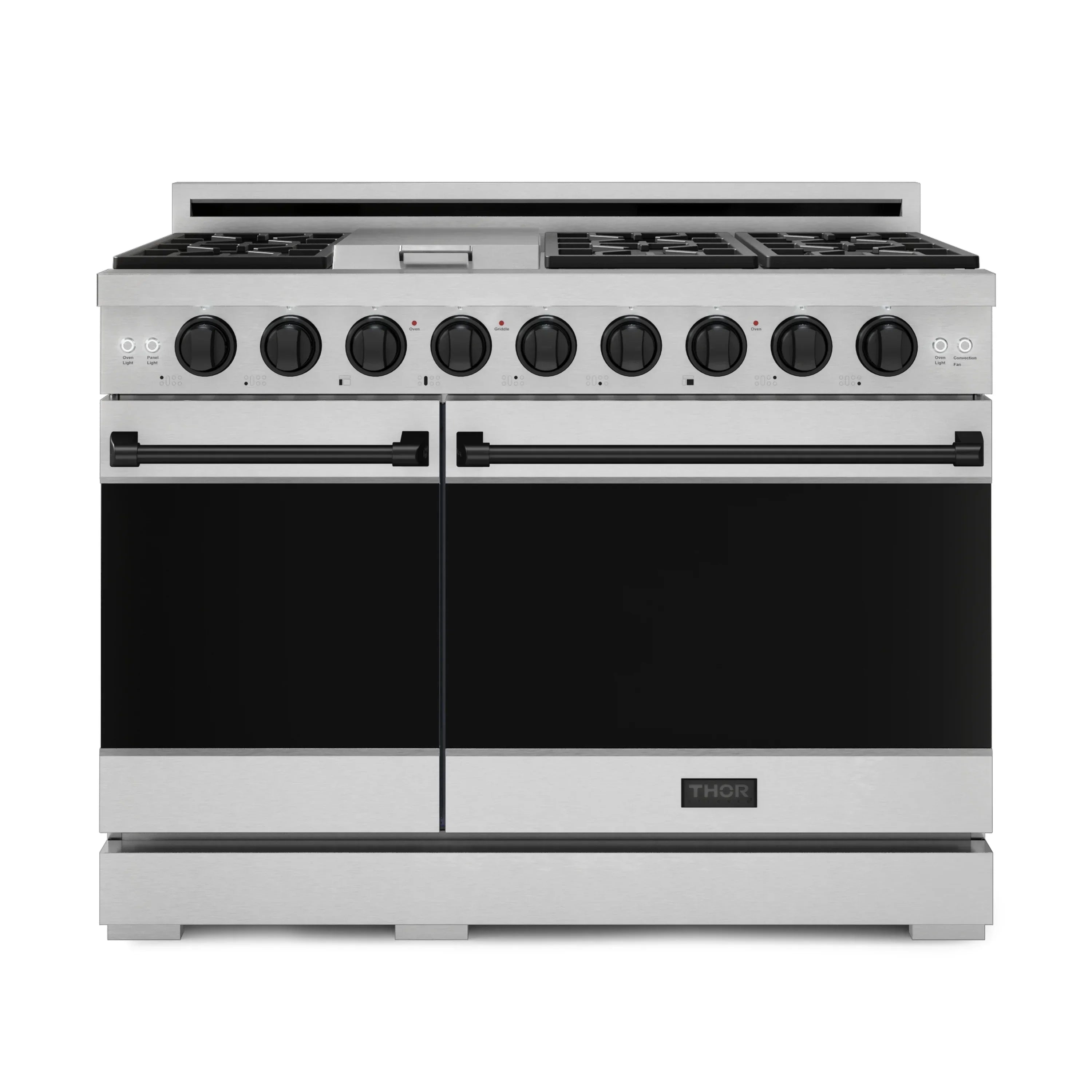 Stainless gas range with black oven doors and front control knobs