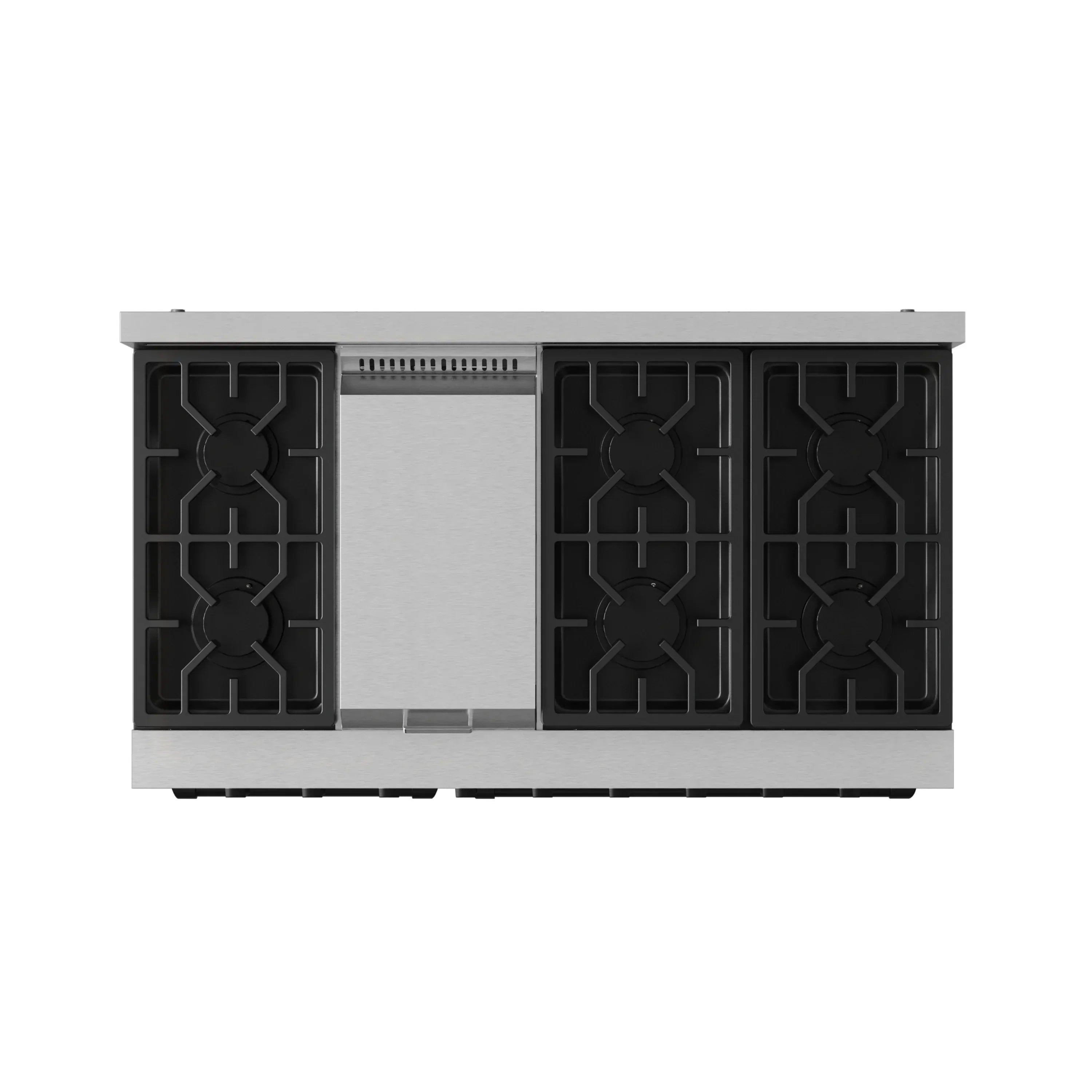 Stainless cooktop with four black burner grates and control area