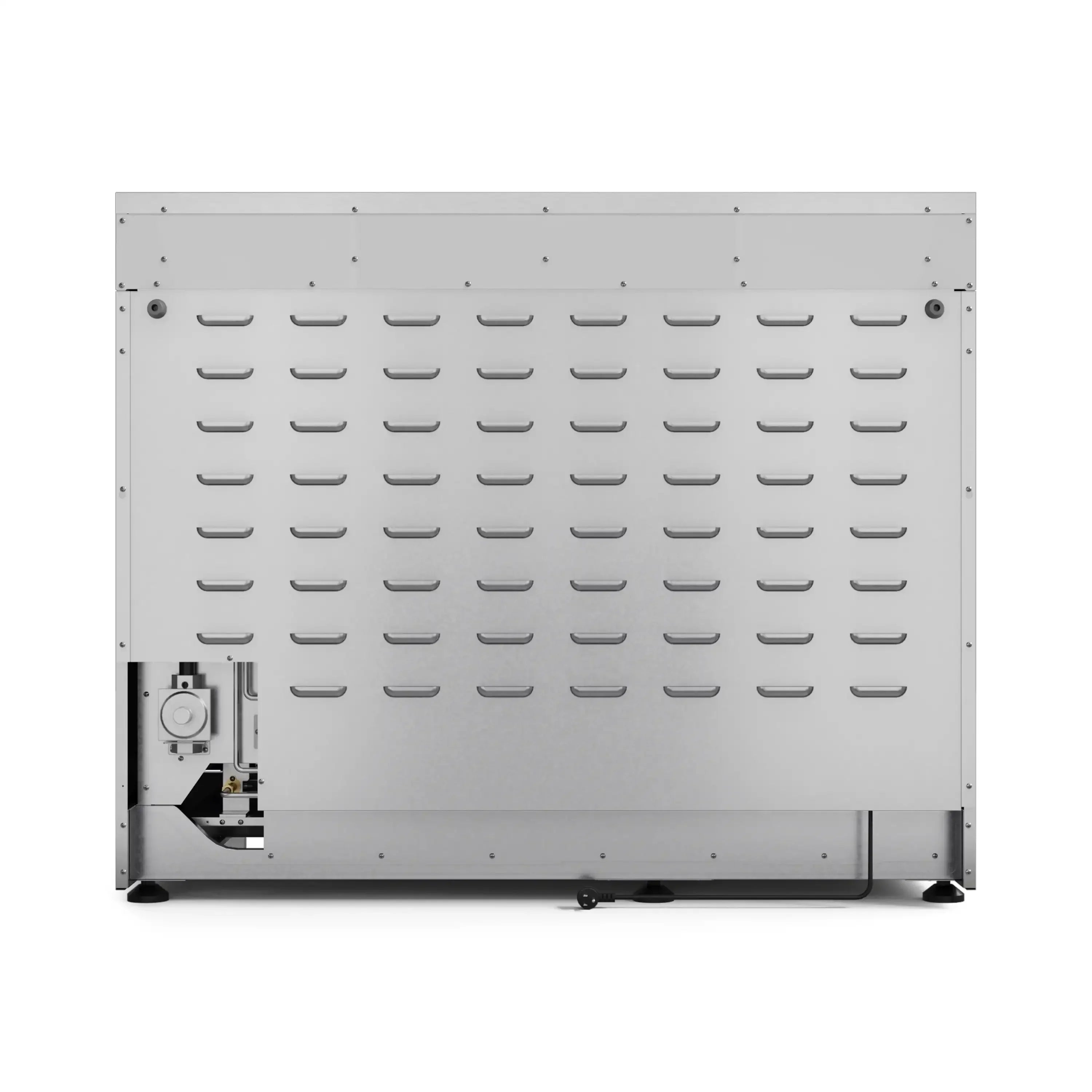 Stainless steel range back panel with ventilated grid and control access port