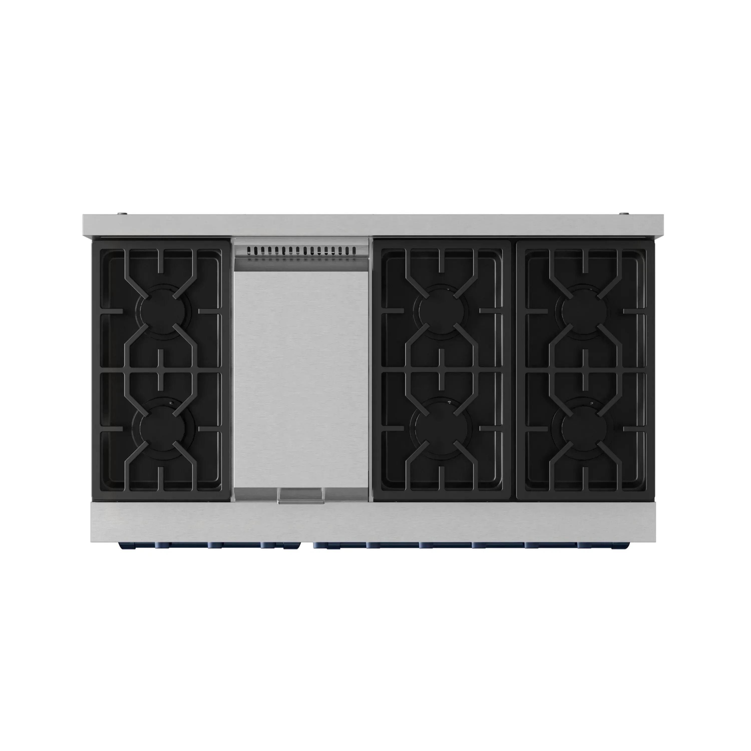 Stainless cooktop with four black burner grates and a central control panel.