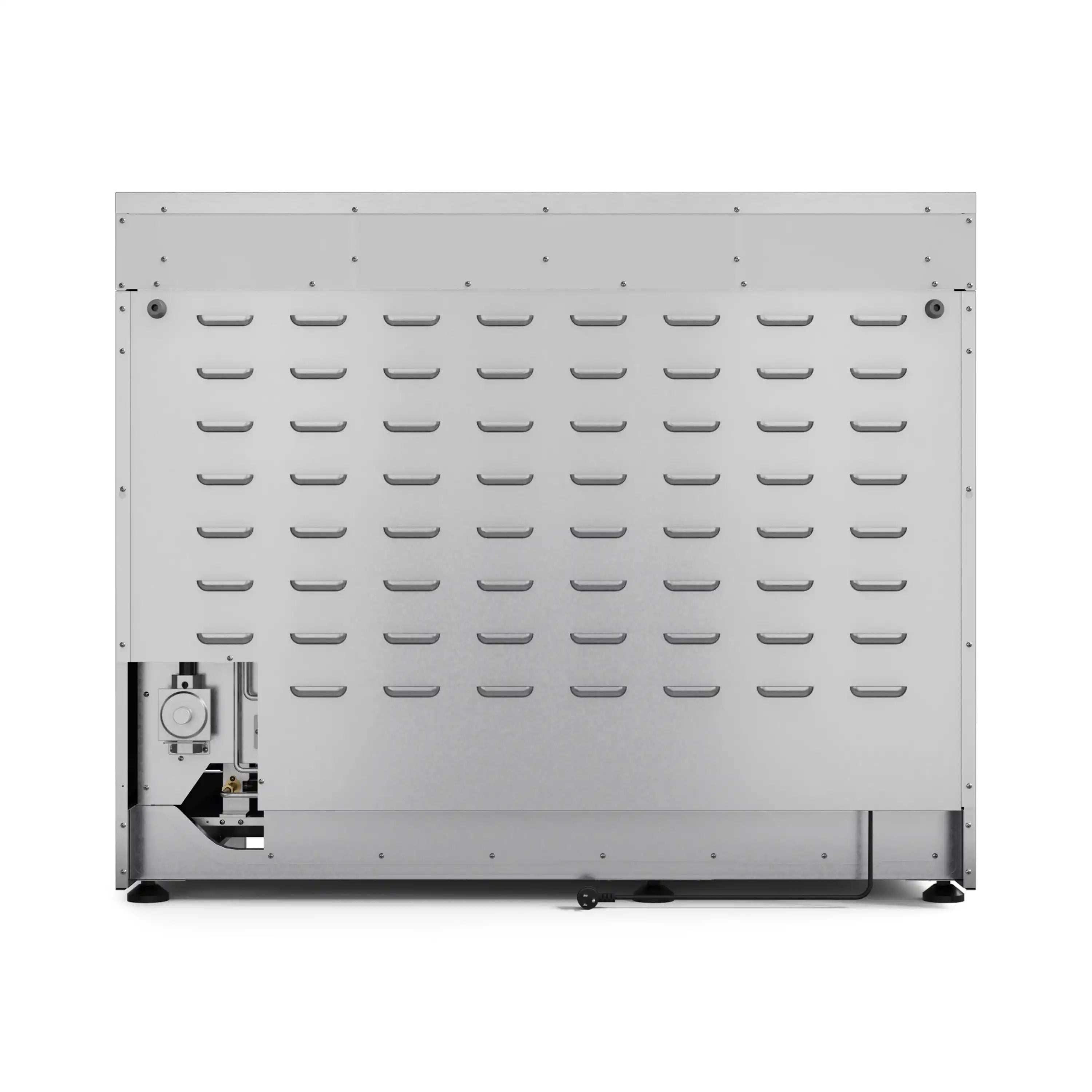 Stainless steel range back panel with vented metal cover and leveling feet