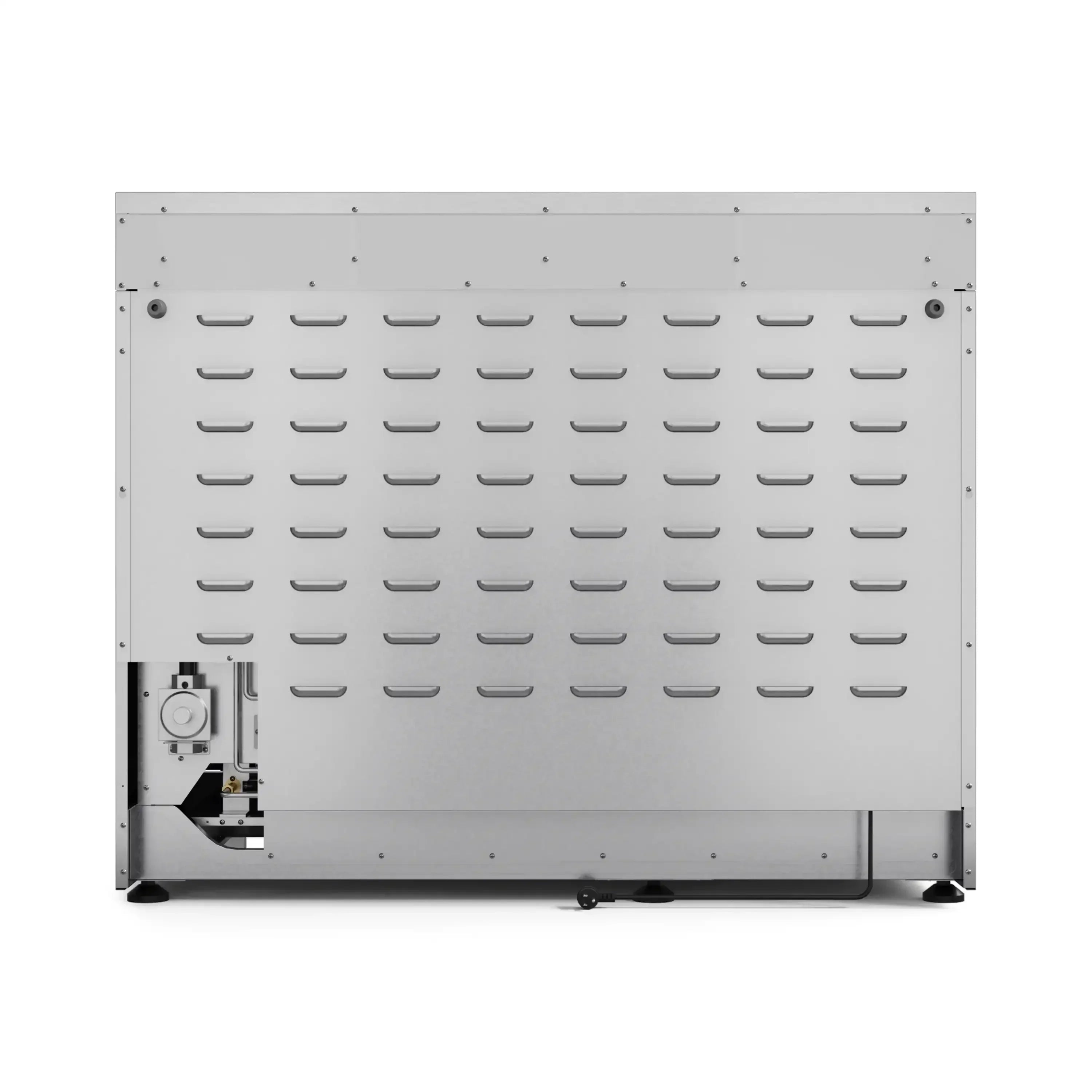 Metal rear panel with ventilation slots and service access components