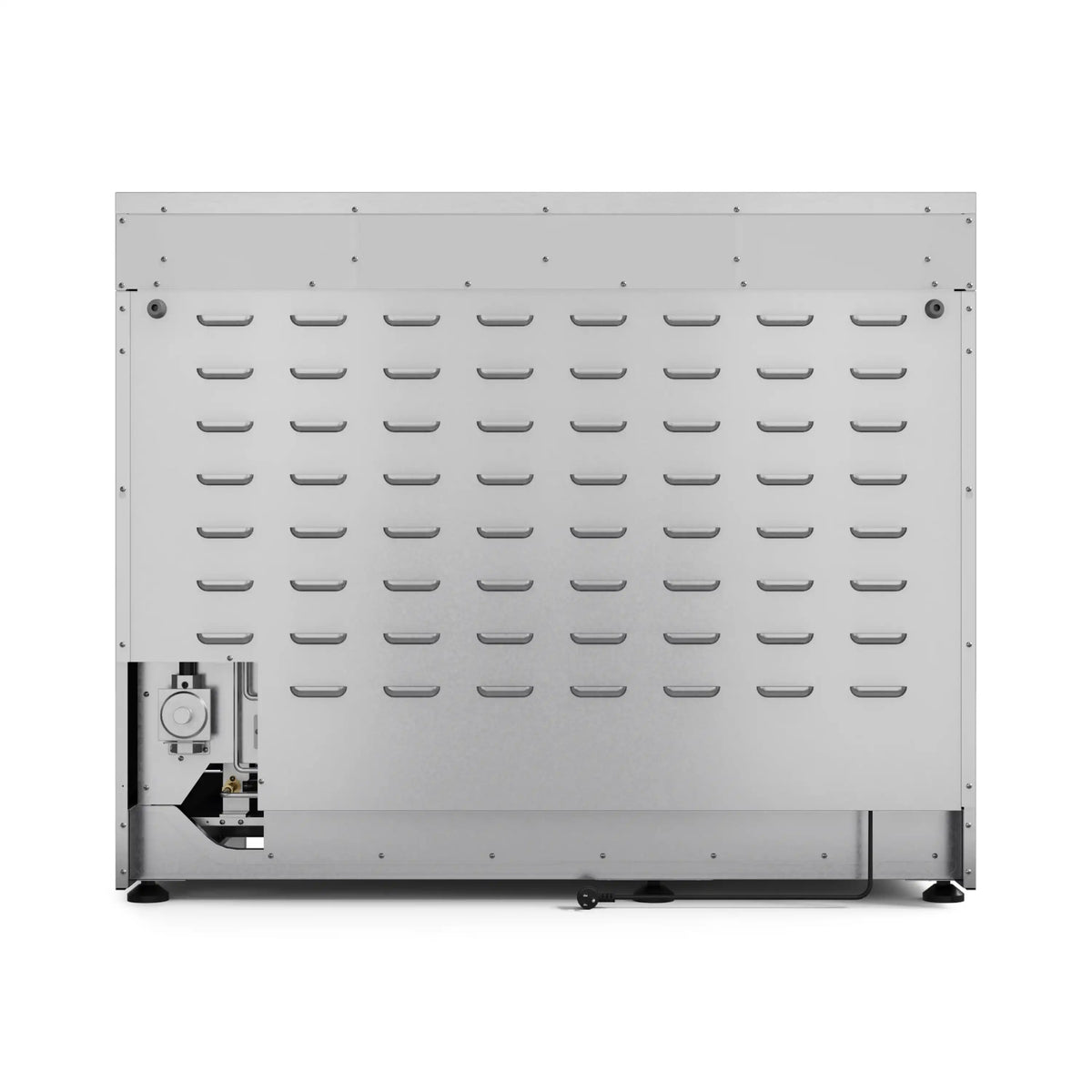 Stainless steel range back panel with vented metal cover and leveling feet