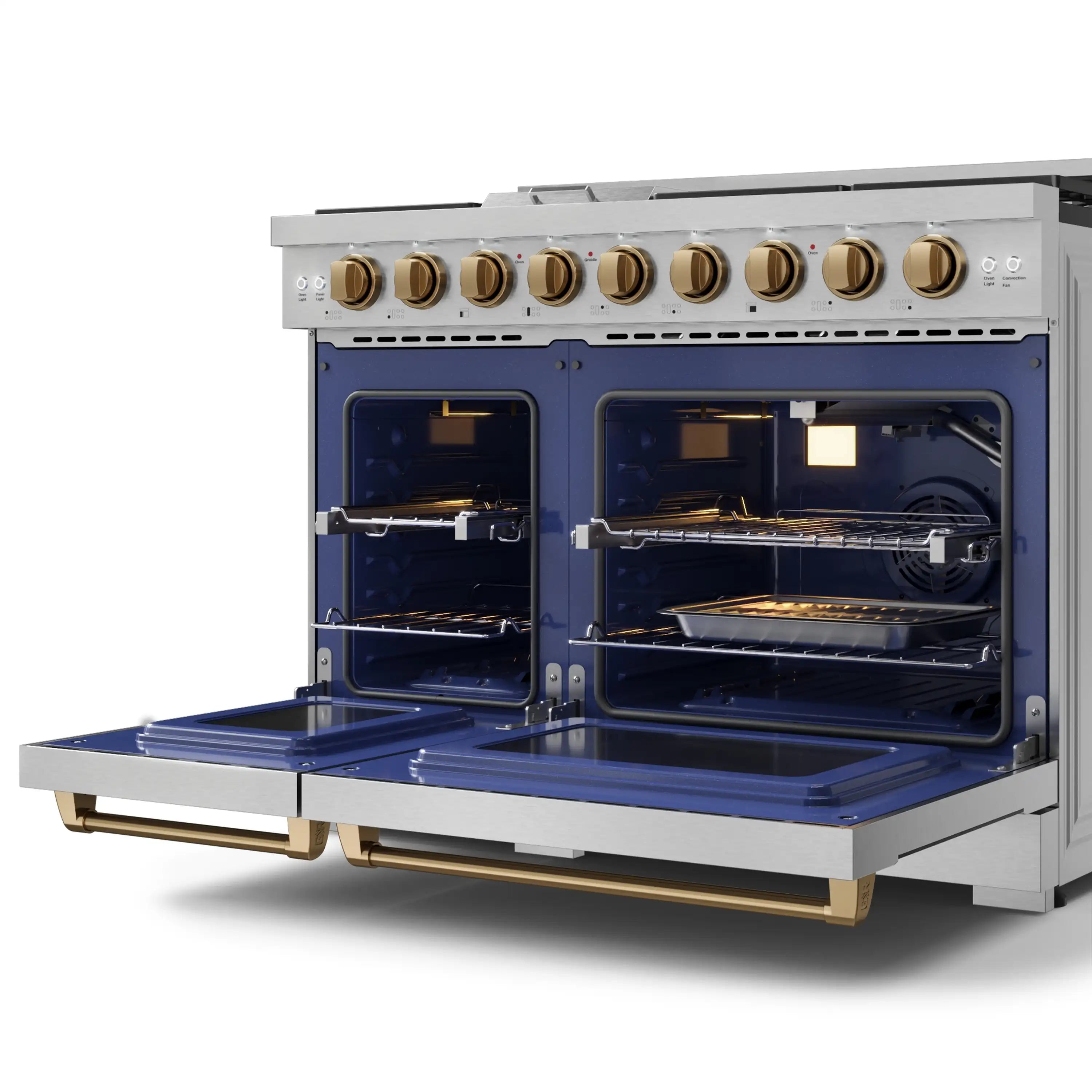 Stainless steel natural gas range with both ovens open and bronze control knobs