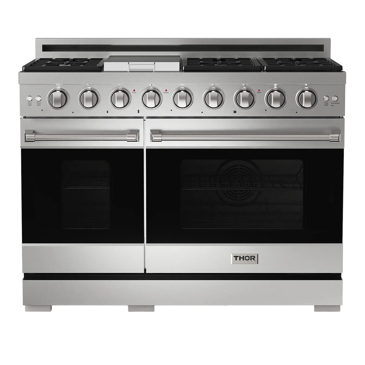 Stainless steel 48-inch gas range with double ovens and front control knobs
