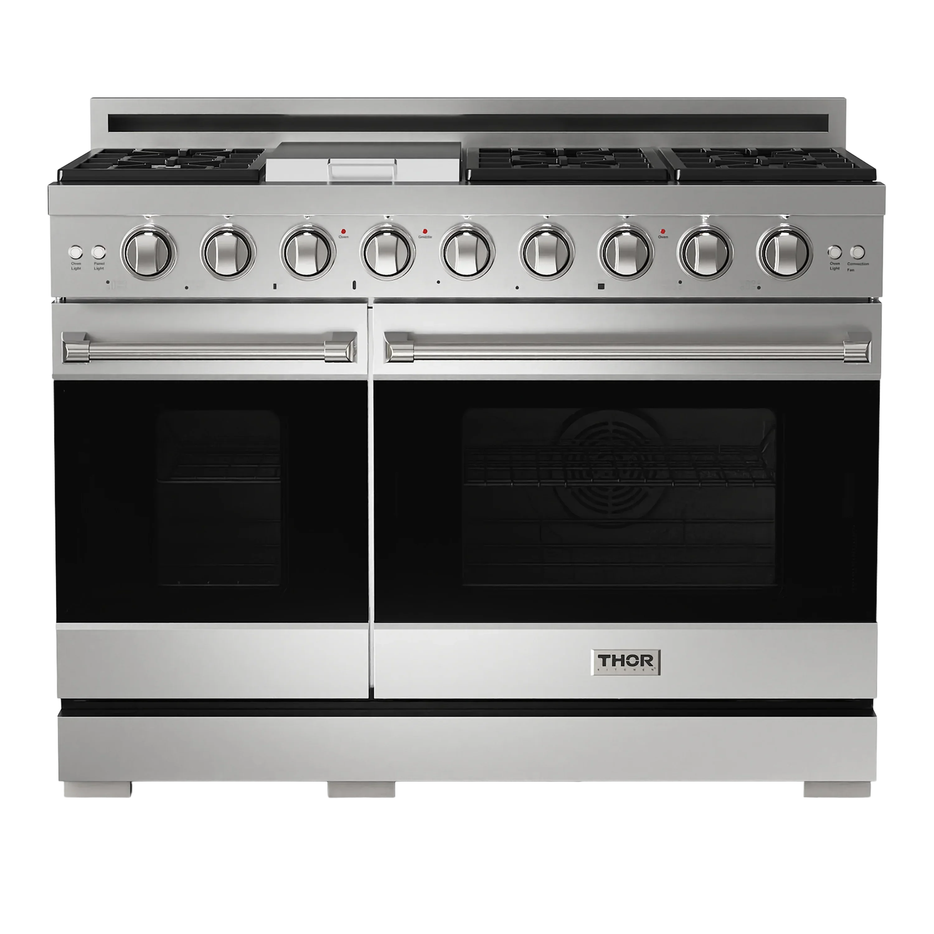 Stainless gas range with black cooktop, round knobs, and two oven doors