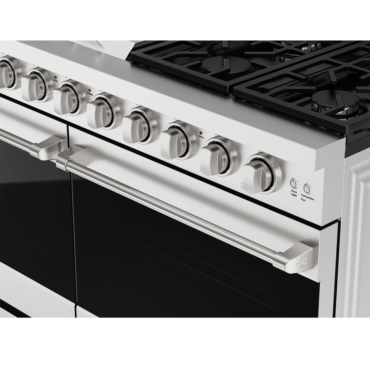 Stainless steel gas range control panel with pro-style knobs and cooktop burner grates.