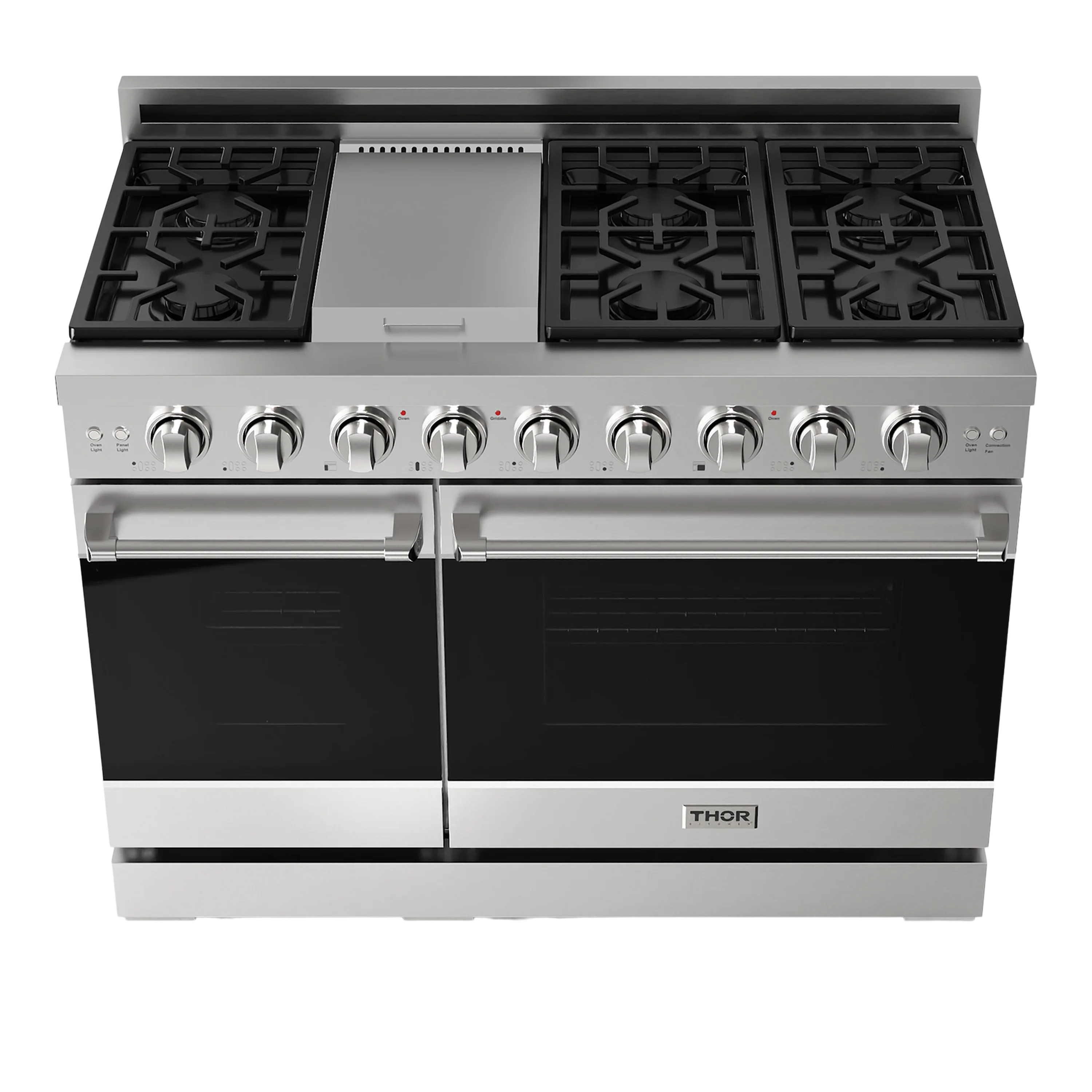 Stainless steel gas range cooktop with four burner grates and control knobs.