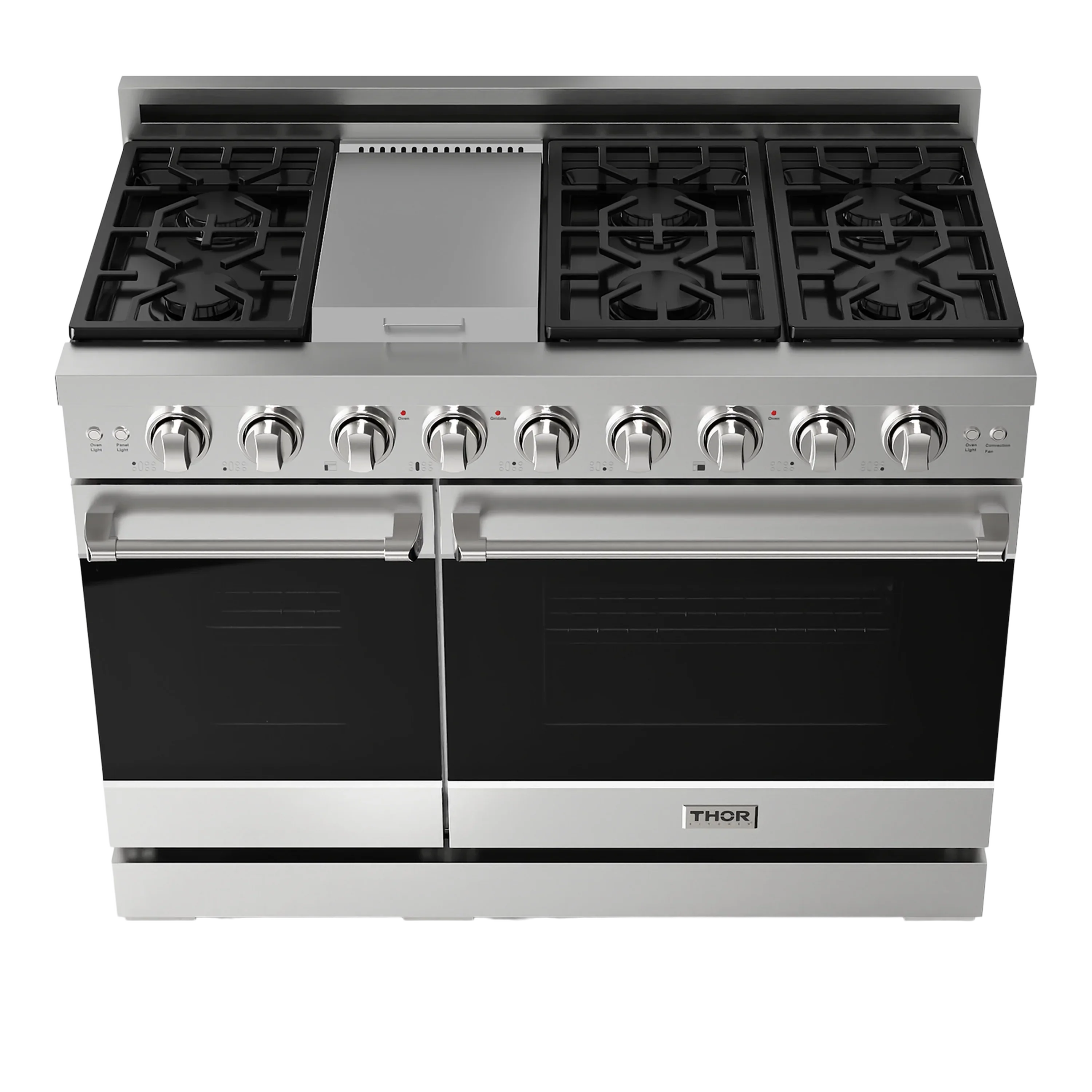 Stainless natural gas range cooktop with grates and front control knobs