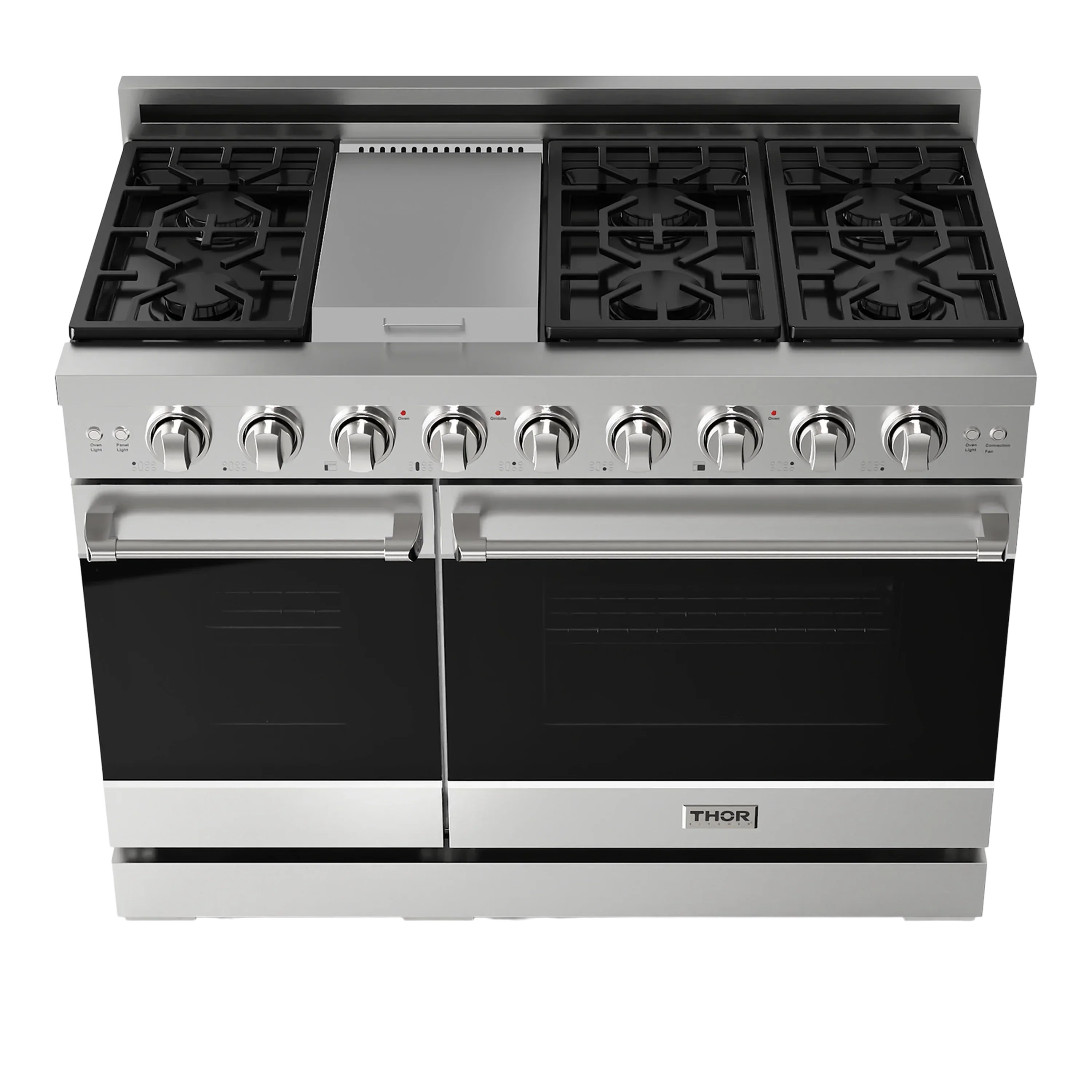 Stainless gas range top view with four burner grates and control knobs