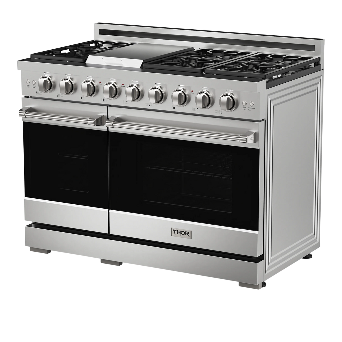 Stainless steel professional gas range with pro-style knobs, dual ovens, and cooktop.