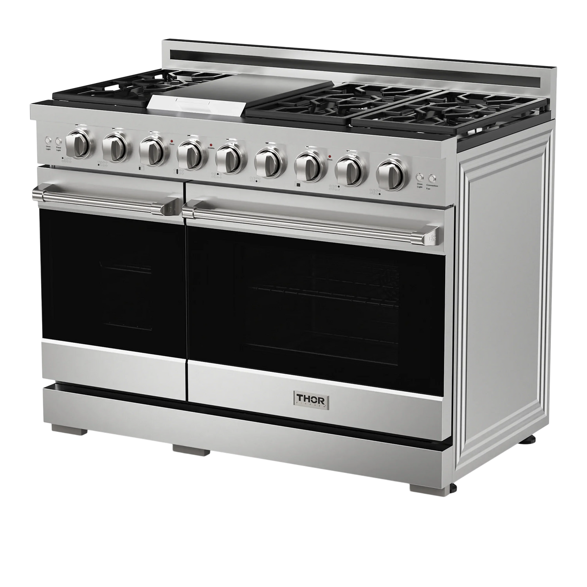 Stainless steel double-oven propane gas range with cooktop grates and control knobs