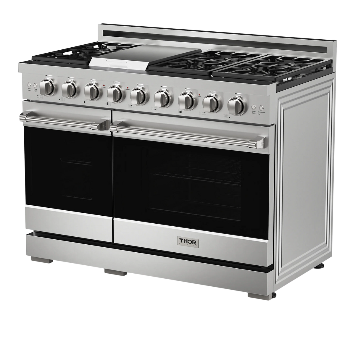 Stainless steel gas range with burner grates, control knobs, and double oven doors