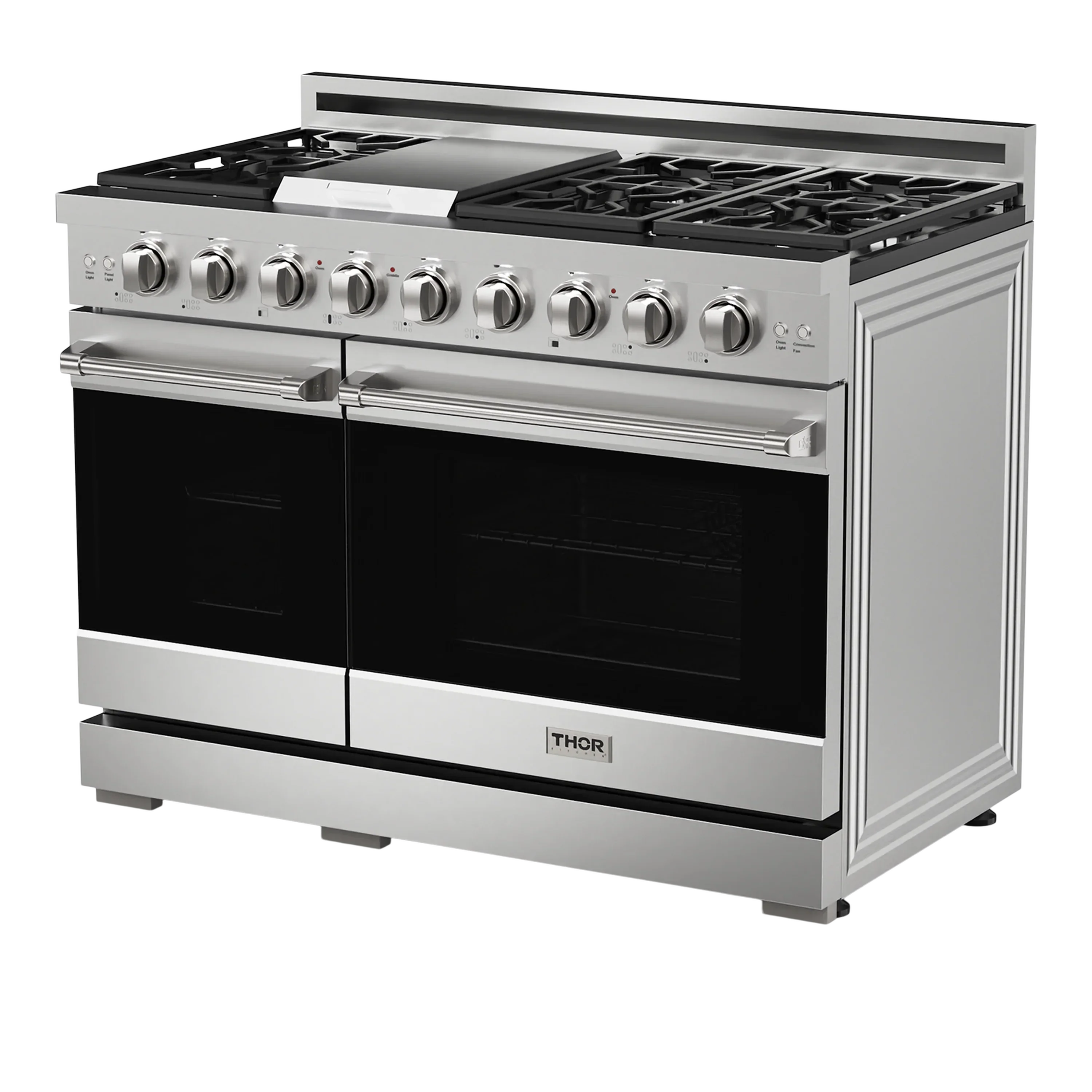 Stainless natural gas range with cooktop grates, knobs, and double oven doors