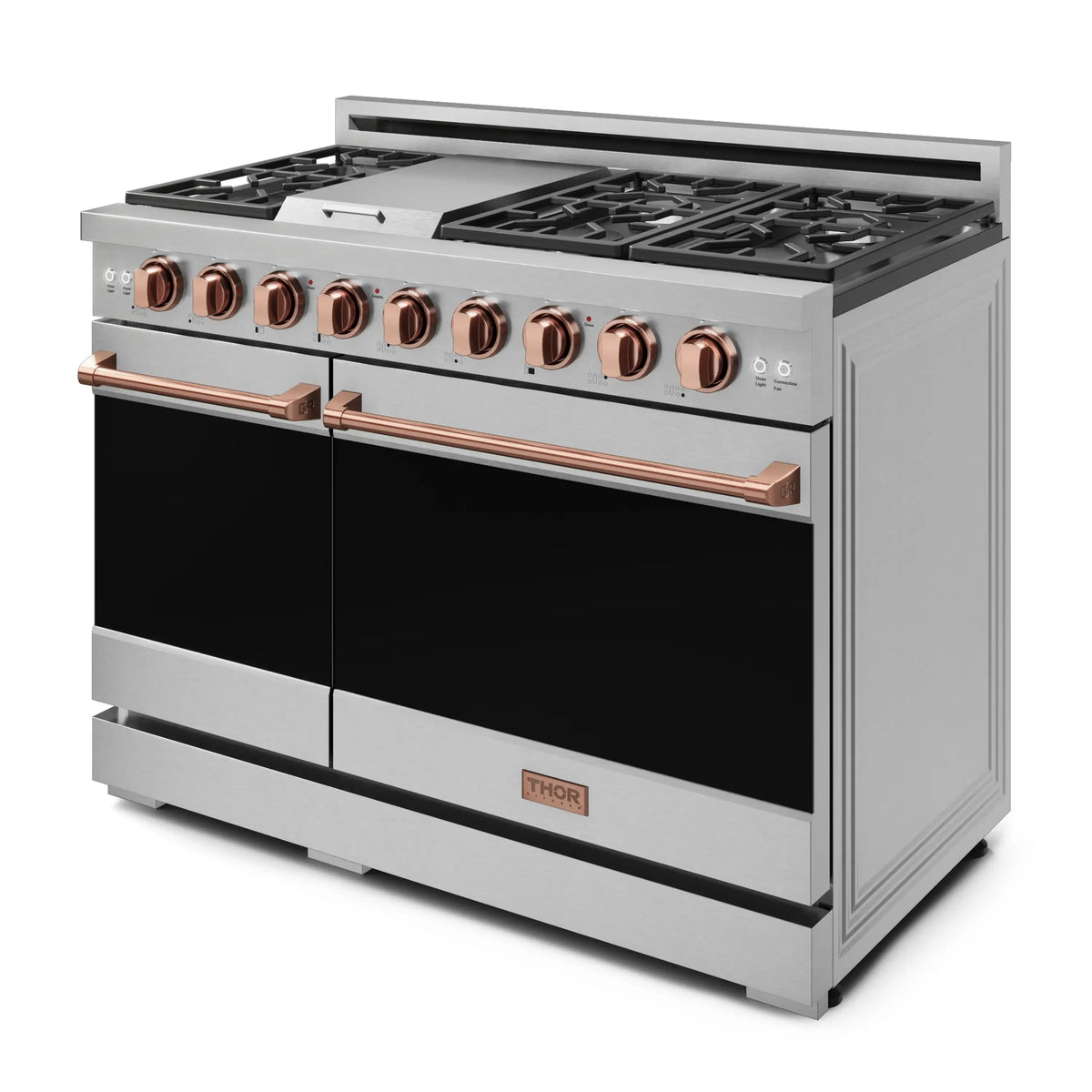 Stainless steel pro-style gas range with rose gold knobs and two black oven doors
