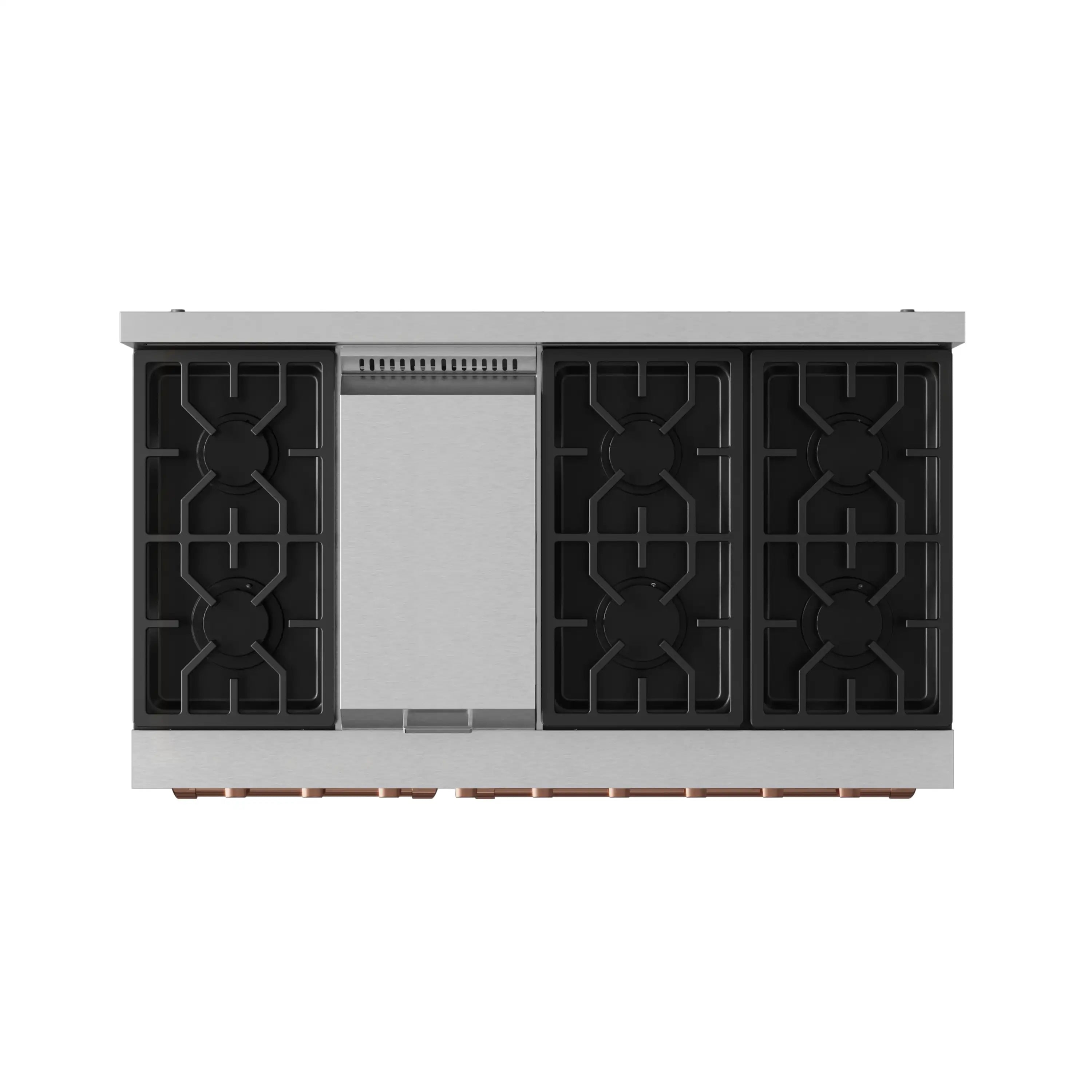 Stainless steel gas range with four black burner grates and rose gold accent trim