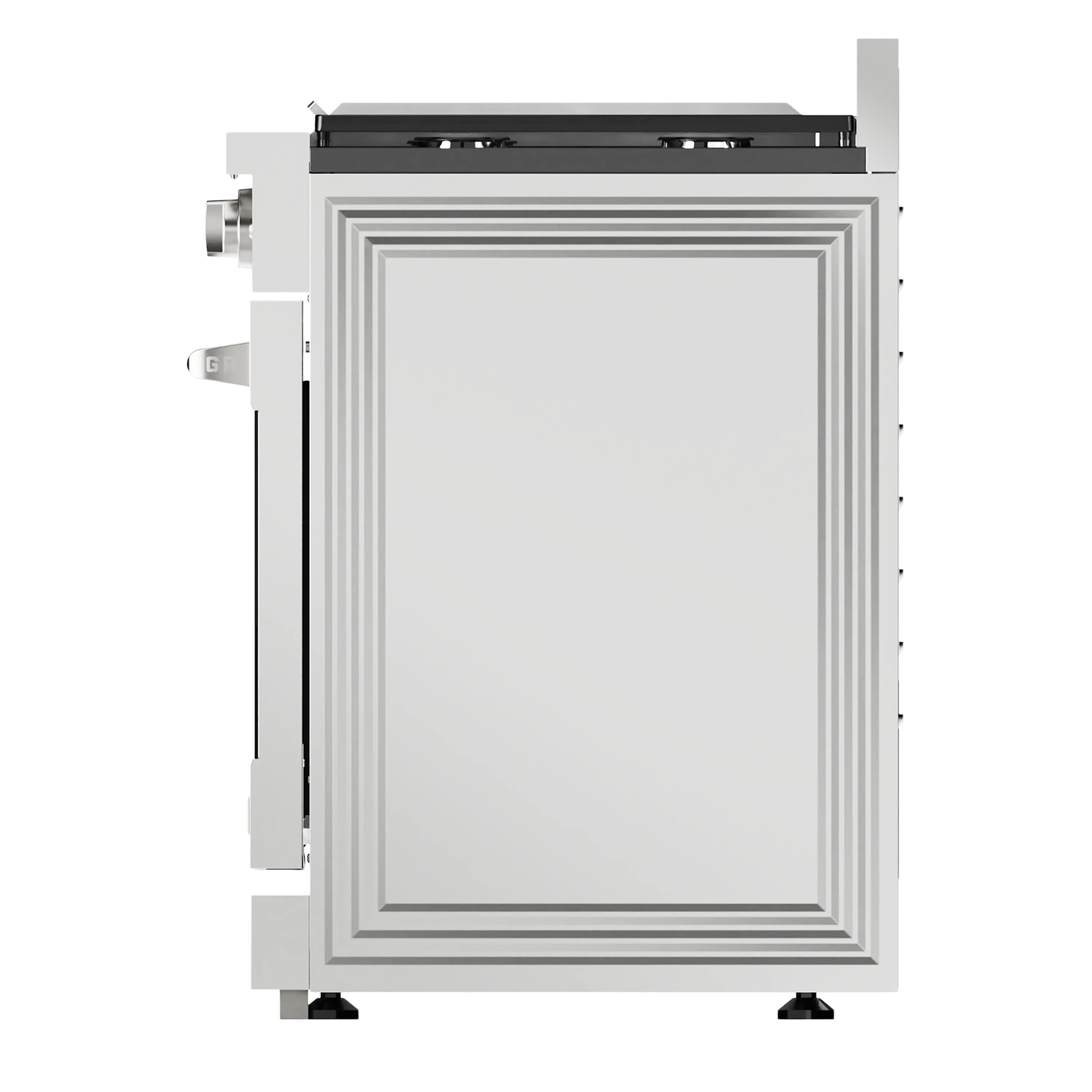 Stainless steel gas double-oven range, rear panel with frame and connection ports.